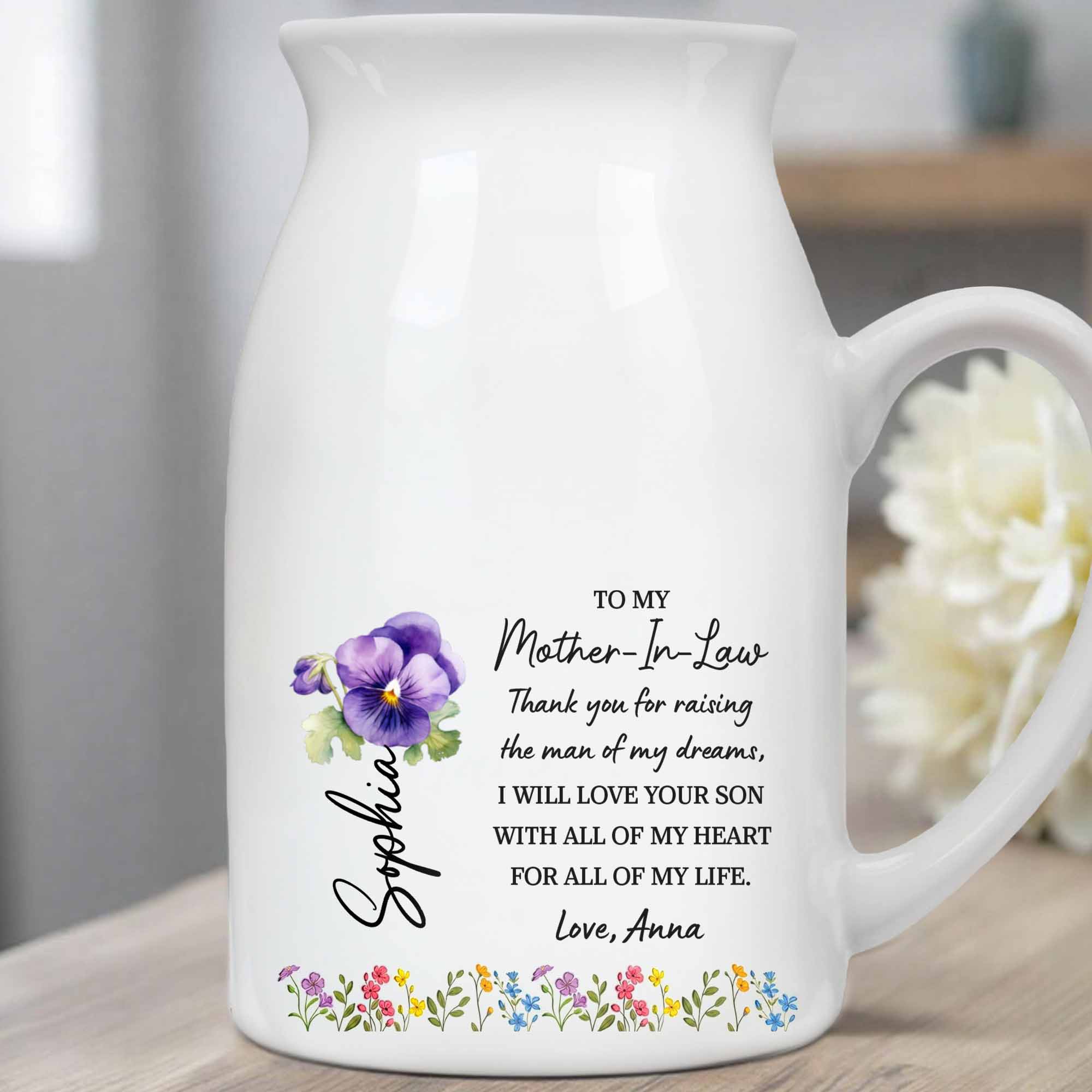 To My Mother-In-Law, Thank You, Love And Flowers - Personalized Ceramic Flower Vase