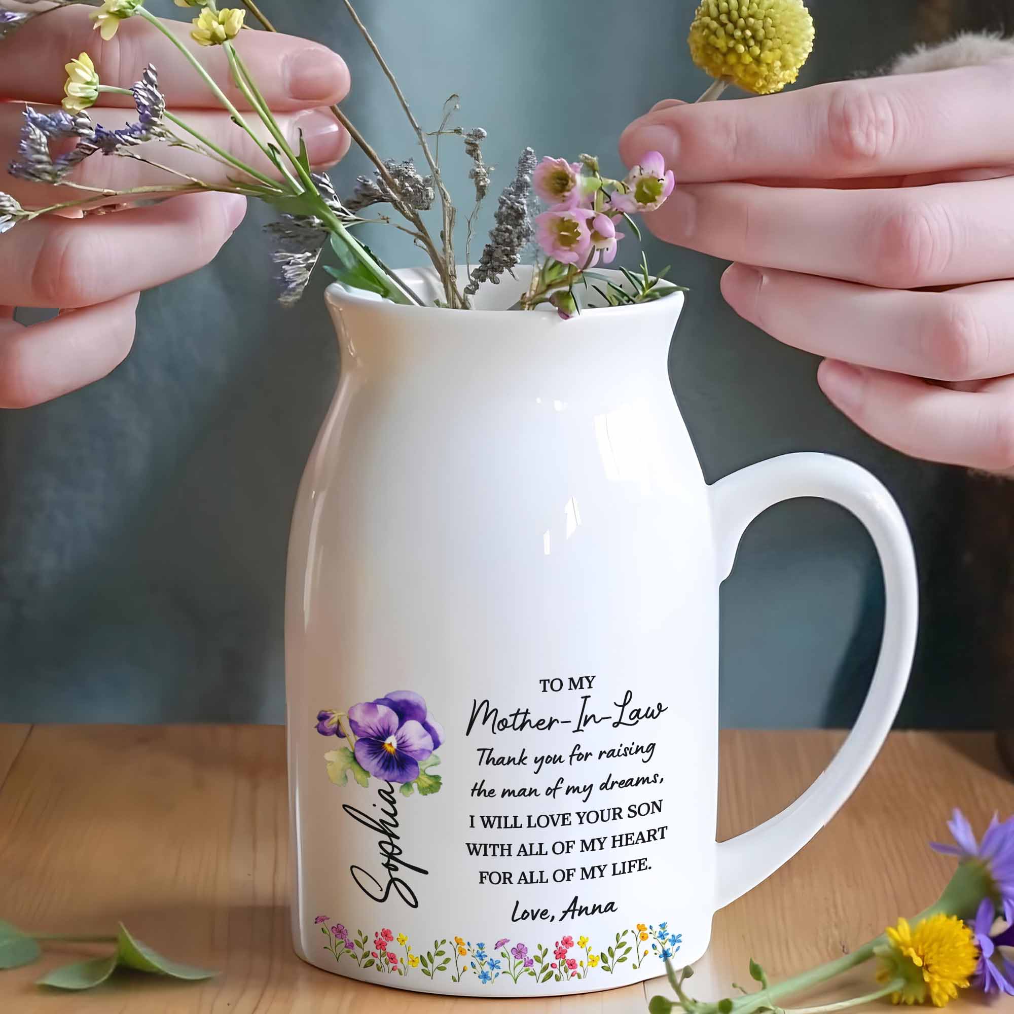 To My Mother-In-Law, Thank You, Love And Flowers - Personalized Ceramic Flower Vase