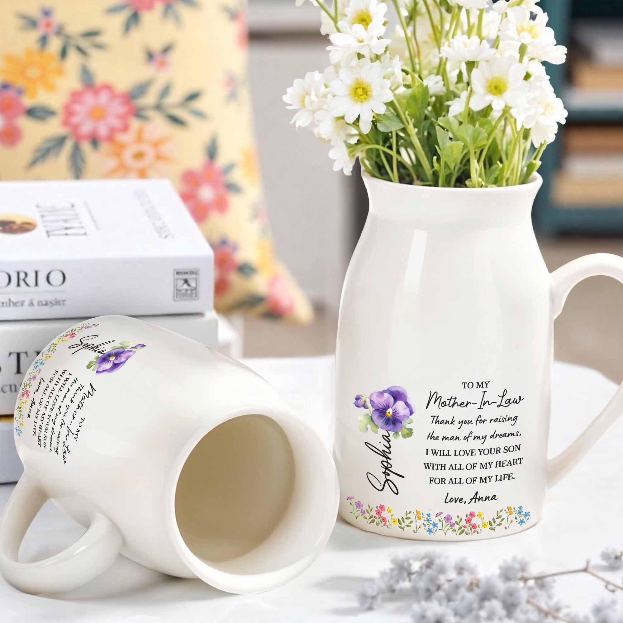 To My Mother-In-Law, Thank You, Love And Flowers - Personalized Ceramic Flower Vase