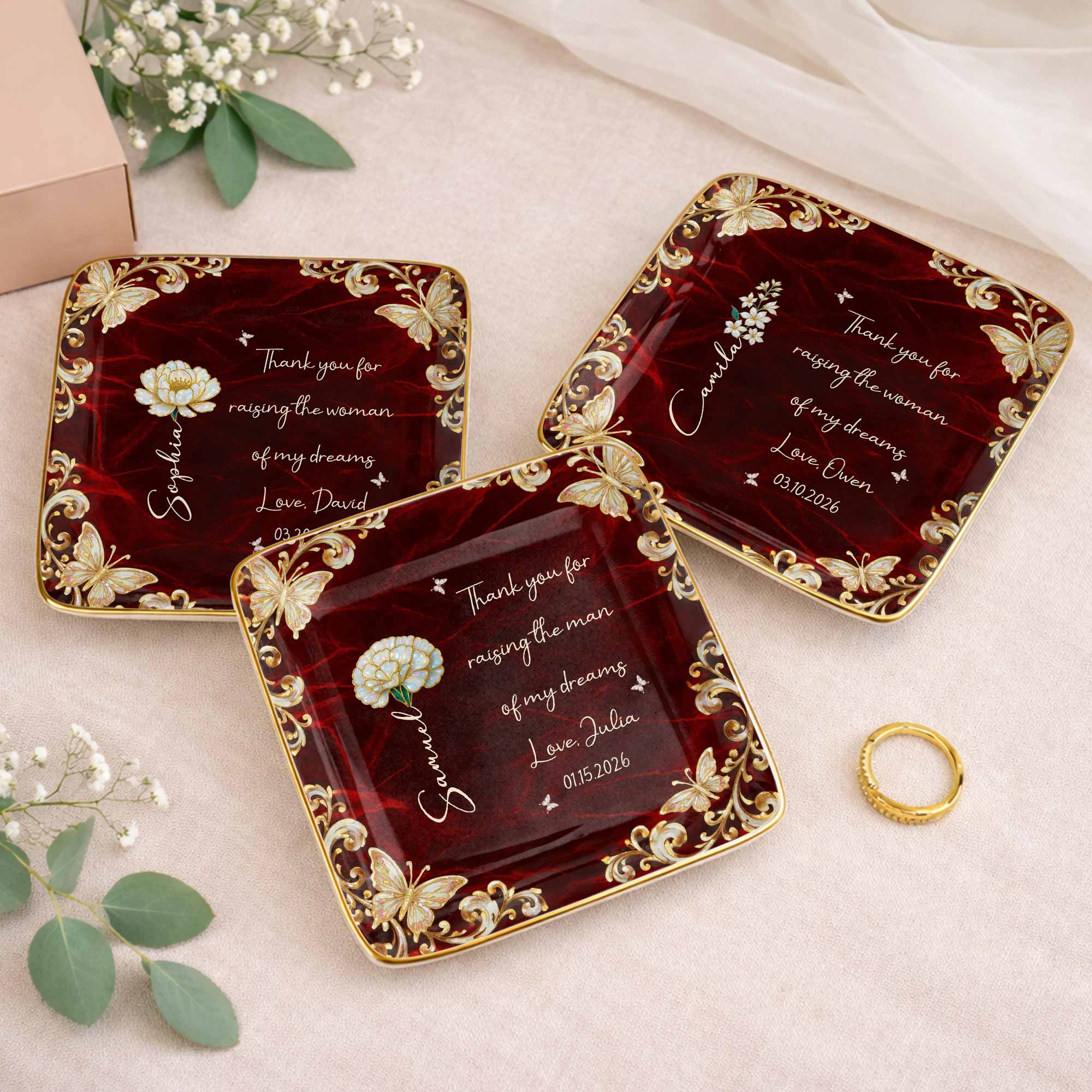 Thank You For Raising The Woman Of My Dreams Flower Butterfly - Personalized Custom Jewelry Dish, Ceramic Dish, Square Shape - MOLA008_SCRF