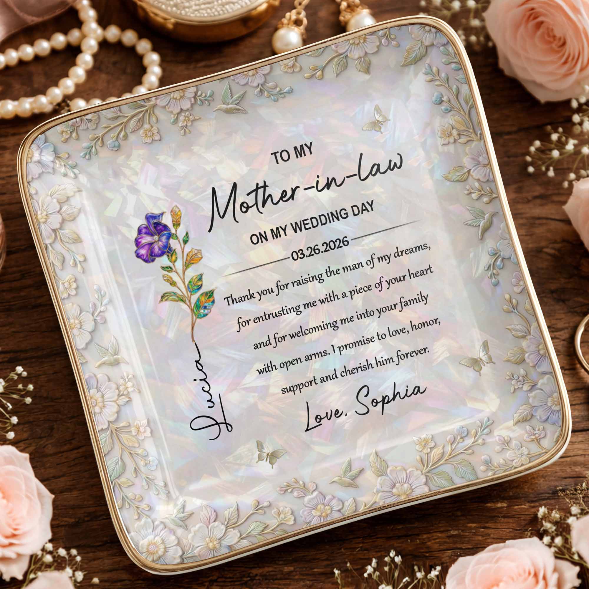 To My Mother In Law On My Wedding Day Birth Month Flowers - Personalized Custom Jewelry Dish, Ceramic Dish, Square Shape - MOLA009_SCRF