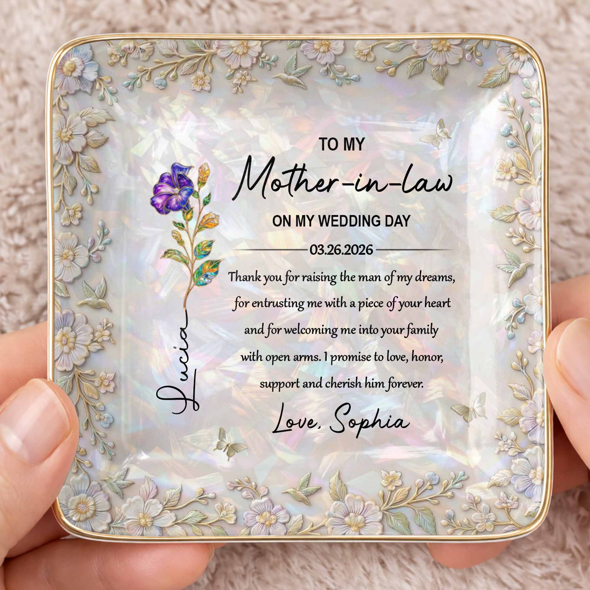 To My Mother In Law On My Wedding Day Birth Month Flowers - Personalized Custom Jewelry Dish, Ceramic Dish, Square Shape - MOLA009_SCRF