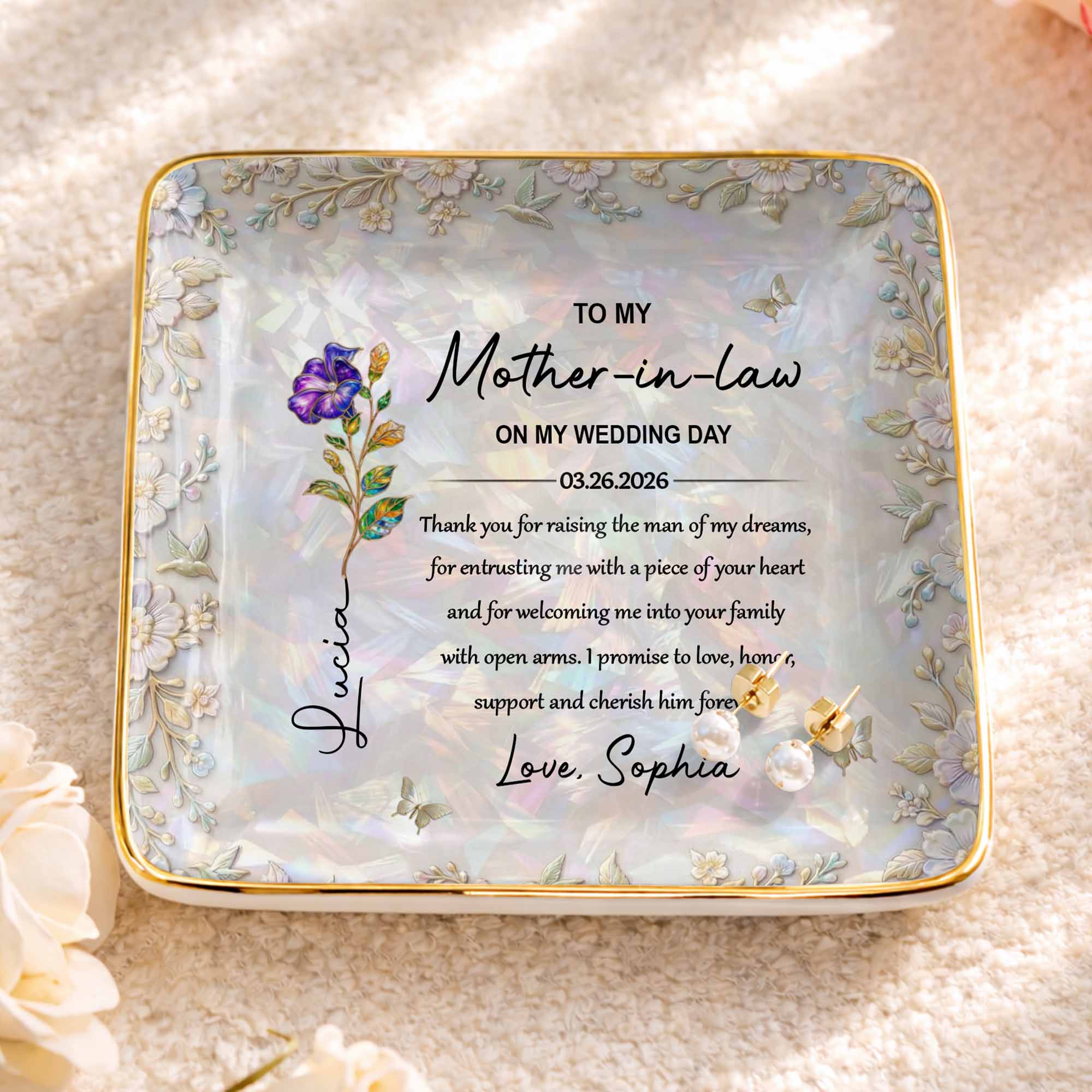 To My Mother In Law On My Wedding Day Birth Month Flowers - Personalized Custom Jewelry Dish, Ceramic Dish, Square Shape - MOLA009_SCRF