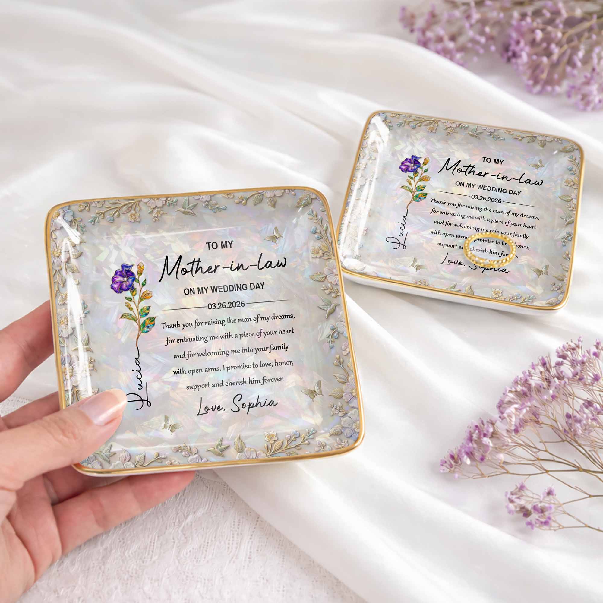 To My Mother In Law On My Wedding Day Birth Month Flowers - Personalized Custom Jewelry Dish, Ceramic Dish, Square Shape - MOLA009_SCRF