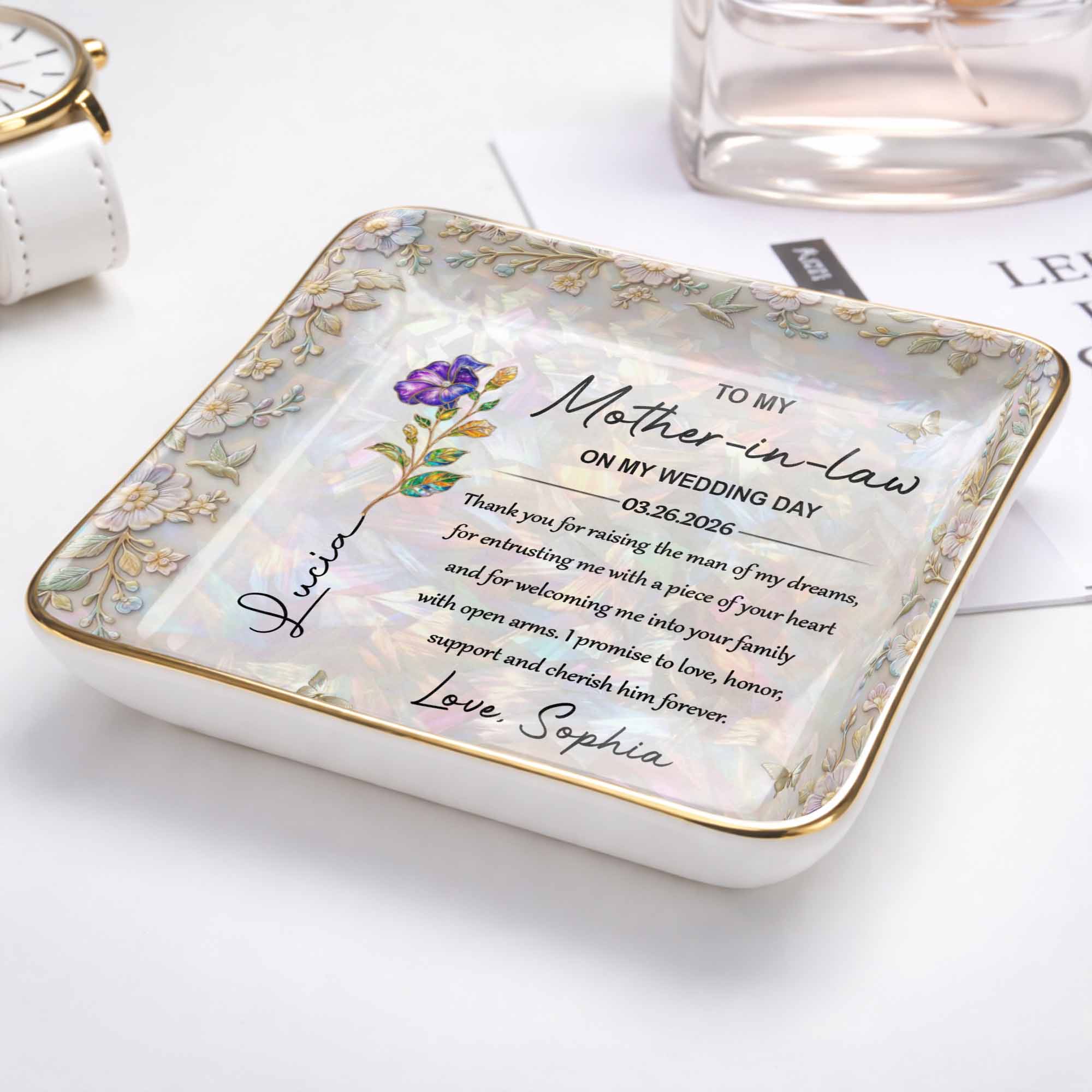 To My Mother In Law On My Wedding Day Birth Month Flowers - Personalized Custom Jewelry Dish, Ceramic Dish, Square Shape - MOLA009_SCRF