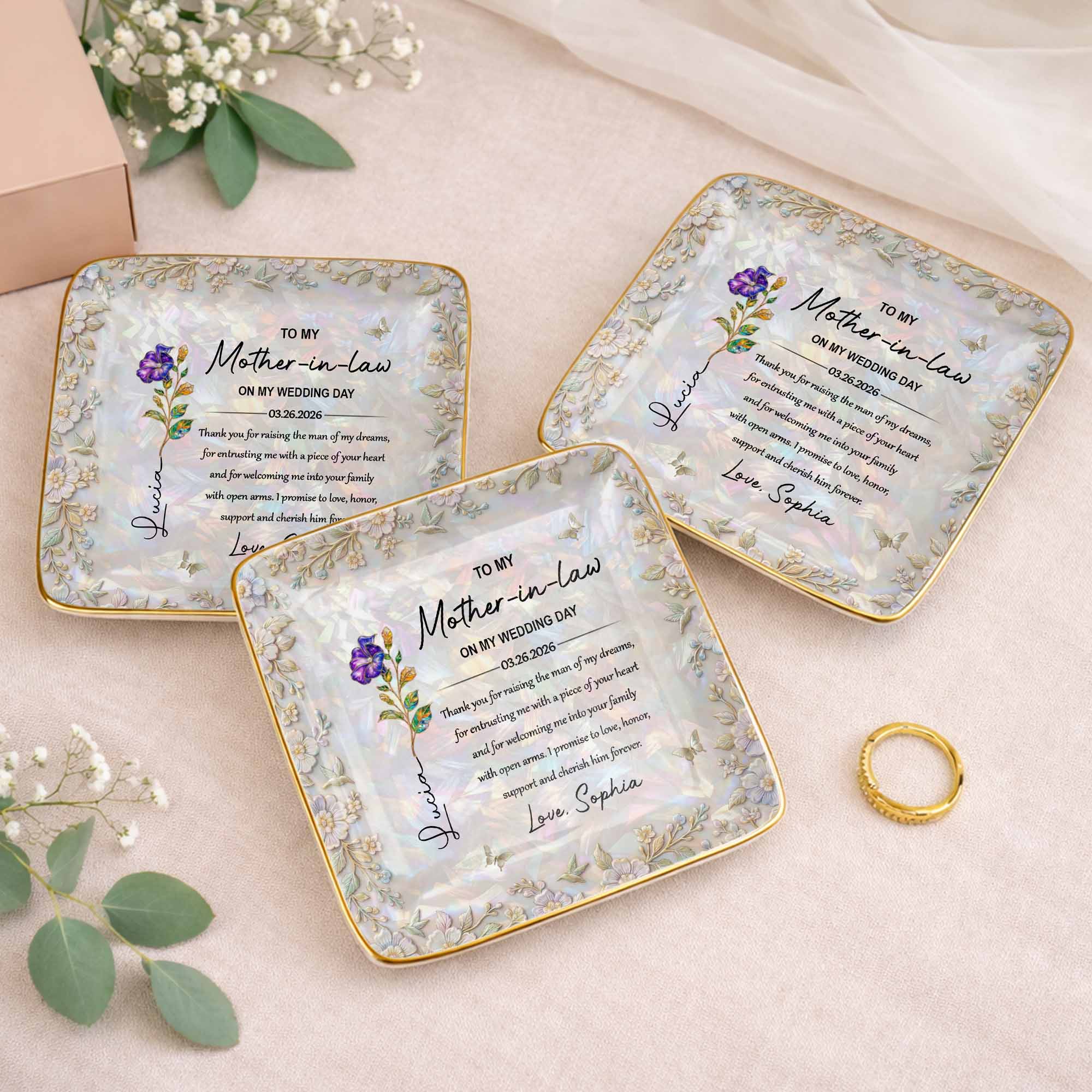 To My Mother In Law On My Wedding Day Birth Month Flowers - Personalized Custom Jewelry Dish, Ceramic Dish, Square Shape - MOLA009_SCRF