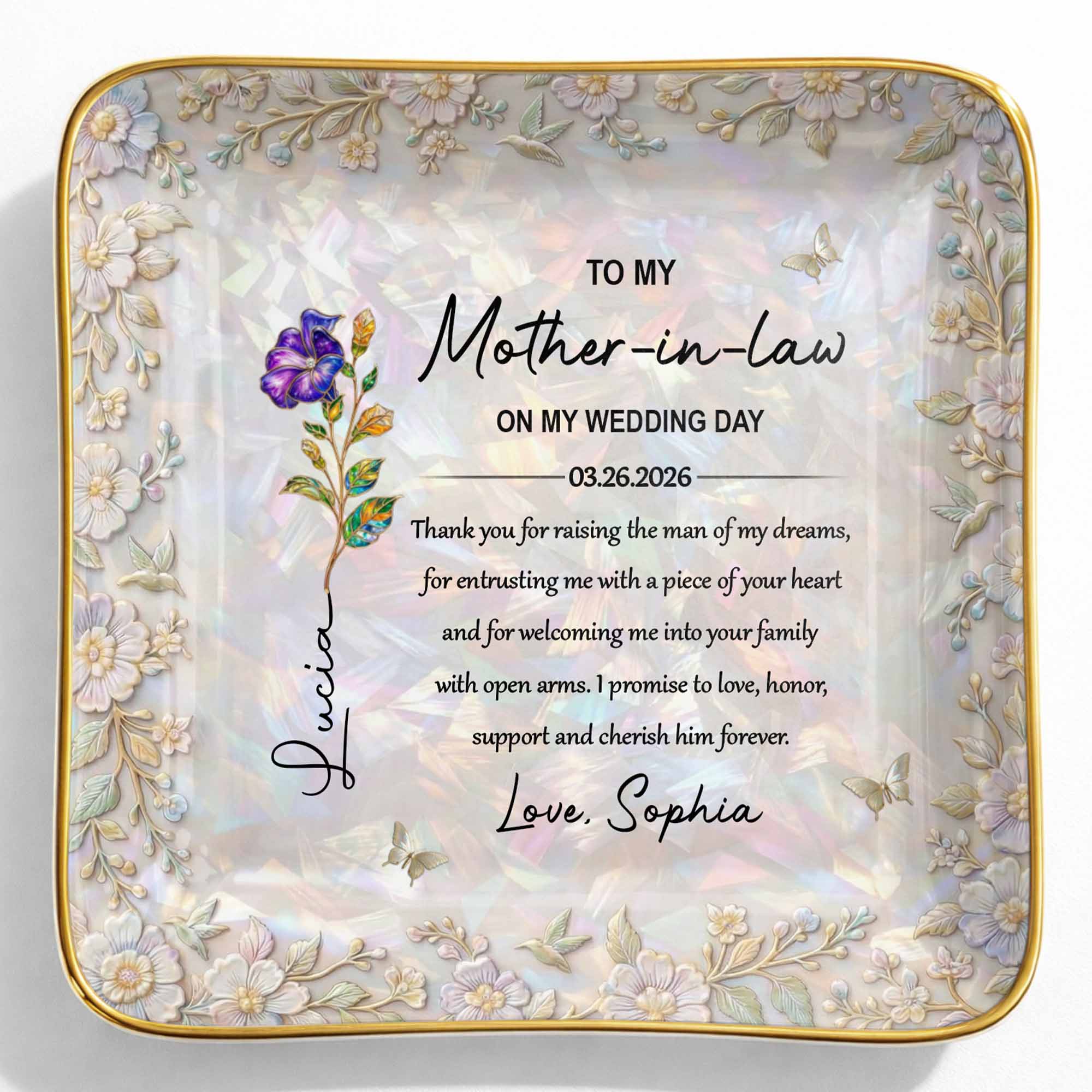 To My Mother In Law On My Wedding Day Birth Month Flowers - Personalized Custom Jewelry Dish, Ceramic Dish, Square Shape - MOLA009_SCRF