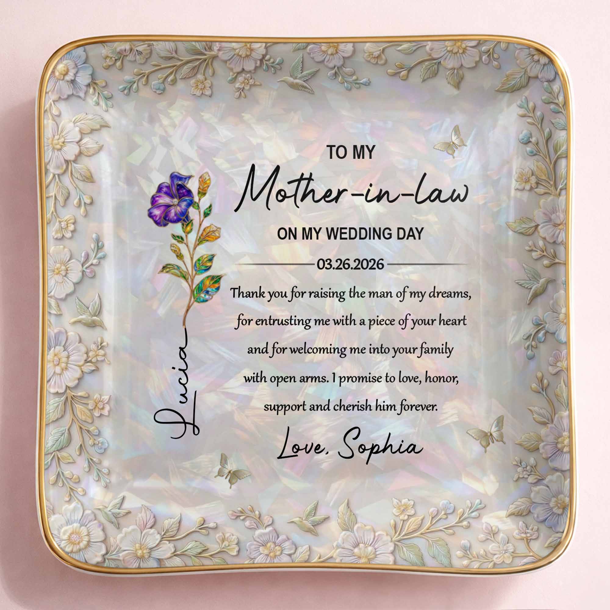 To My Mother In Law On My Wedding Day Birth Month Flowers - Personalized Custom Jewelry Dish, Ceramic Dish, Square Shape - MOLA009_SCRF