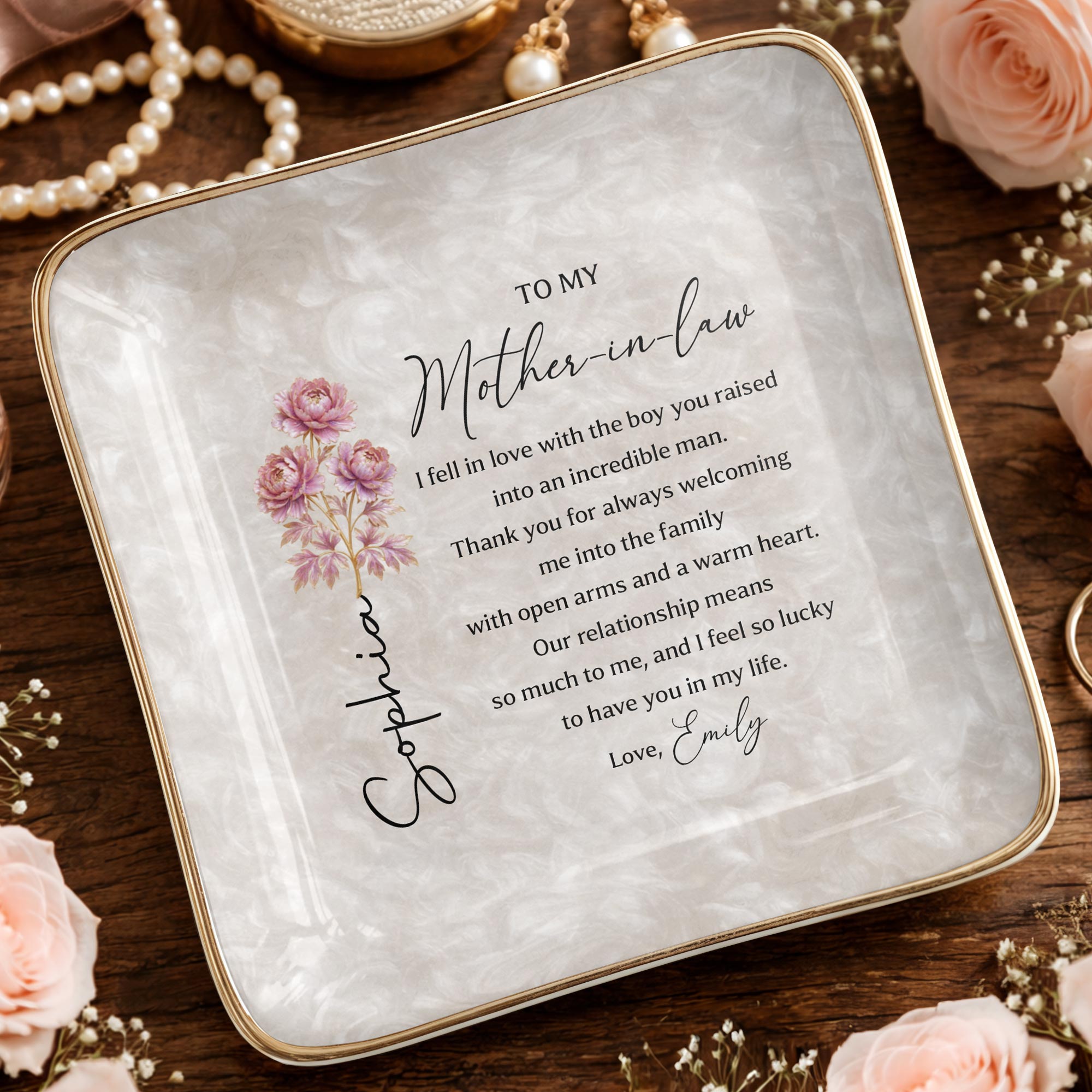 To My Mother In Law I Fell In Love Birth Month Flowers - Personalized Custom Jewelry Dish, Ceramic Dish, Square Shape - MOLA011_SCRF