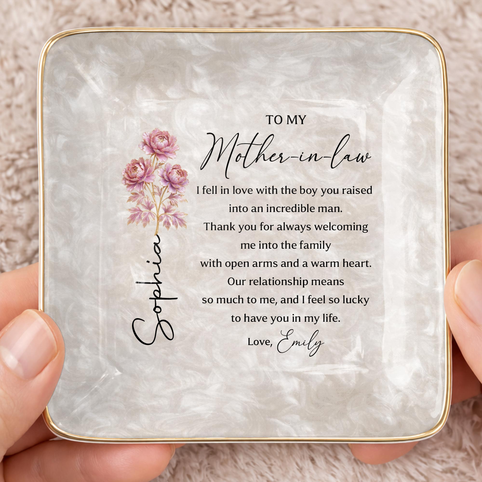 To My Mother In Law I Fell In Love Birth Month Flowers - Personalized Custom Jewelry Dish, Ceramic Dish, Square Shape - MOLA011_SCRF
