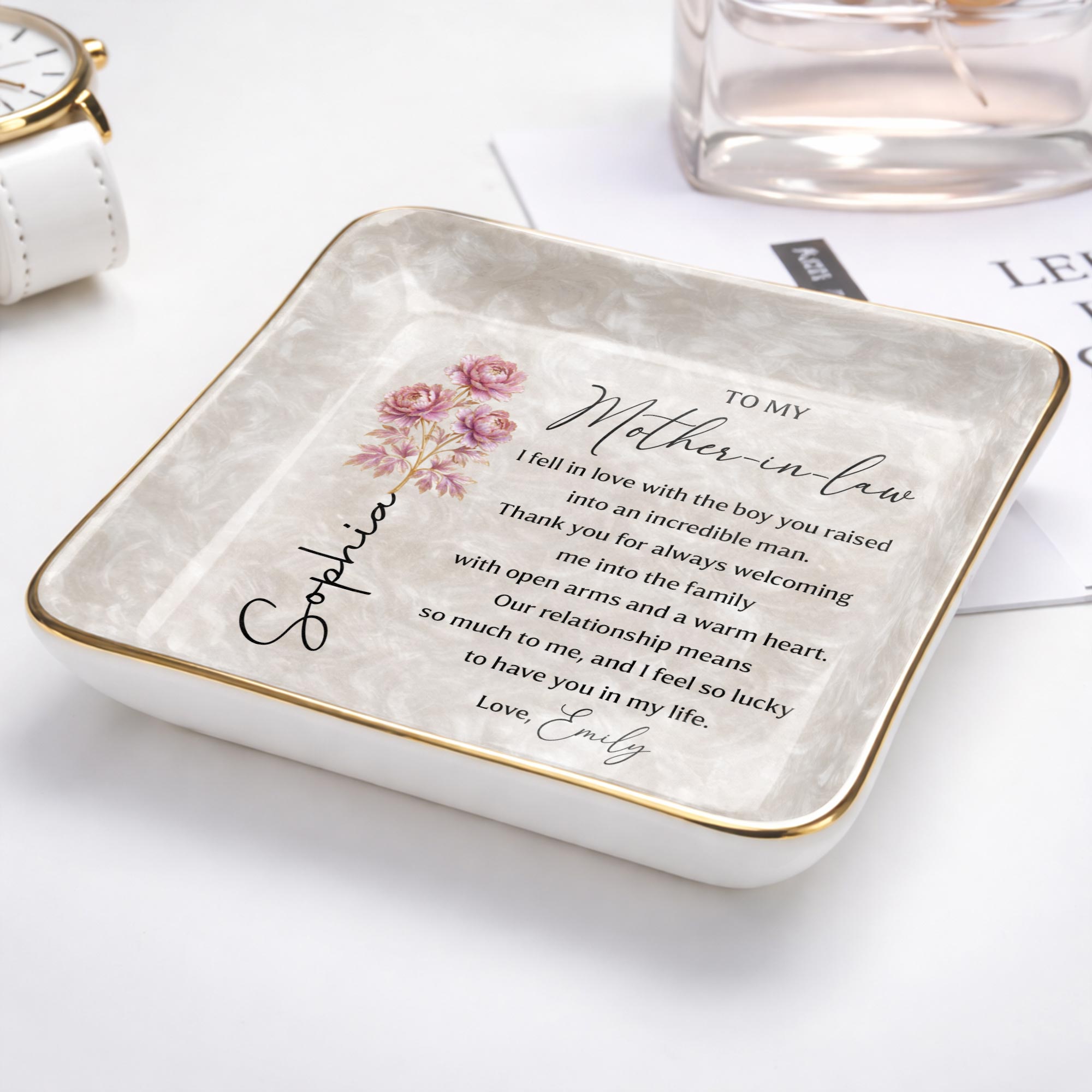 To My Mother In Law I Fell In Love Birth Month Flowers - Personalized Custom Jewelry Dish, Ceramic Dish, Square Shape - MOLA011_SCRF