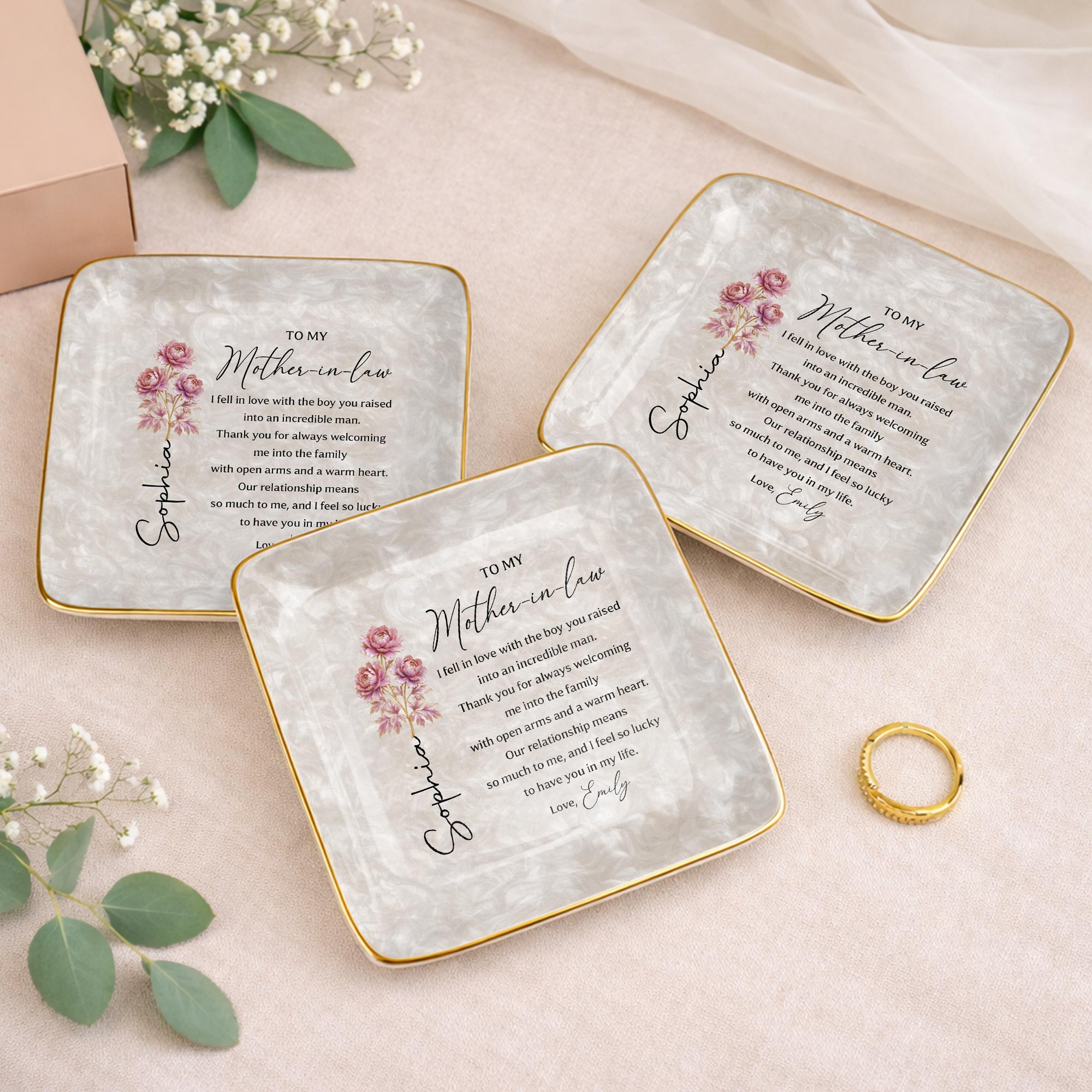 To My Mother In Law I Fell In Love Birth Month Flowers - Personalized Custom Jewelry Dish, Ceramic Dish, Square Shape - MOLA011_SCRF