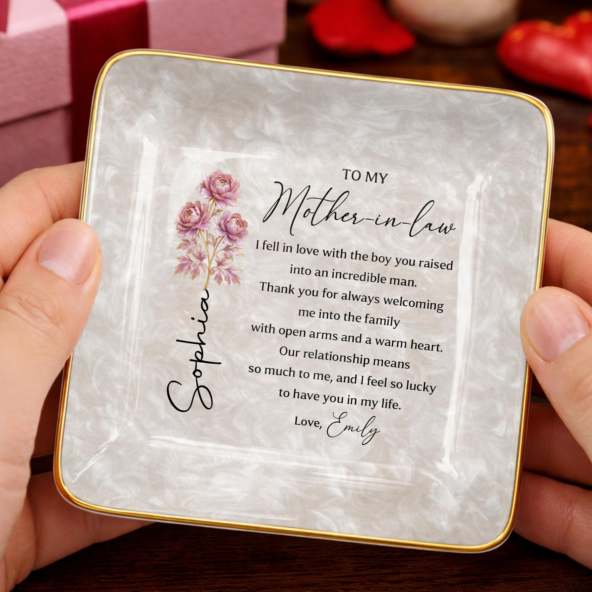 To My Mother In Law I Fell In Love Birth Month Flowers - Personalized Custom Jewelry Dish, Ceramic Dish, Square Shape - MOLA011_SCRF