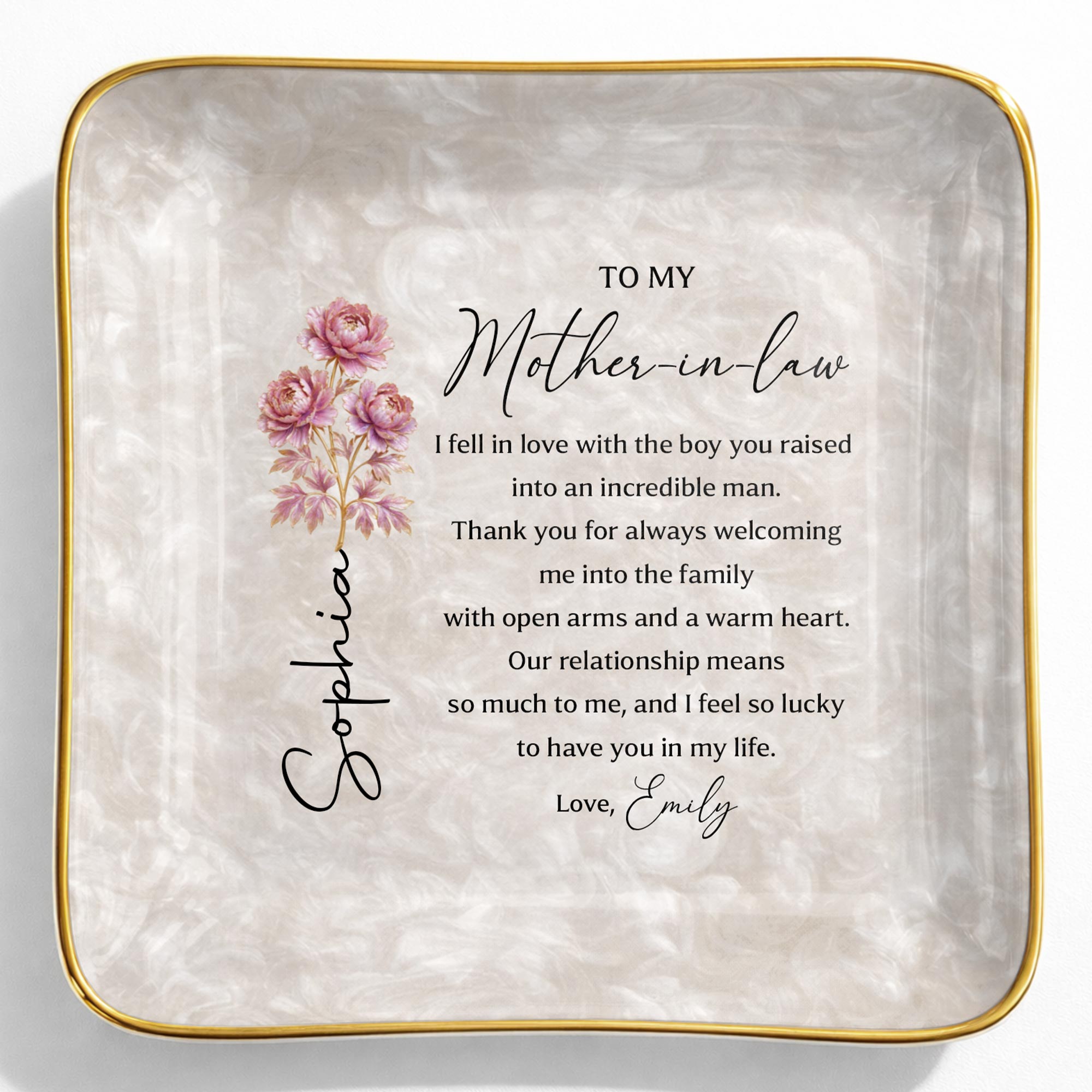 To My Mother In Law I Fell In Love Birth Month Flowers - Personalized Custom Jewelry Dish, Ceramic Dish, Square Shape - MOLA011_SCRF