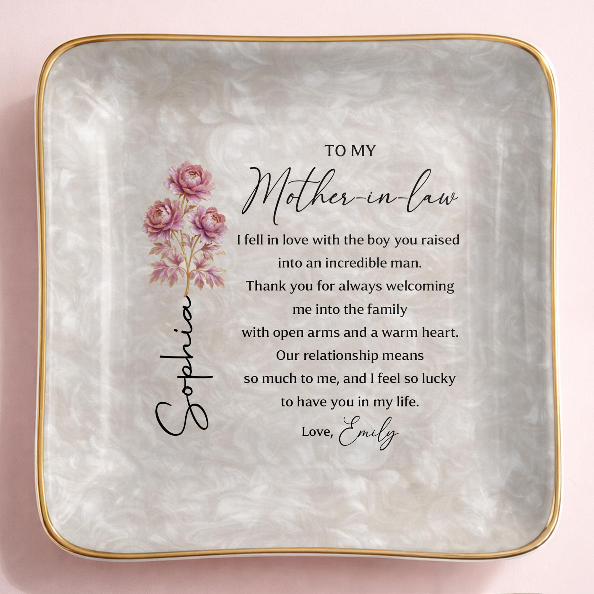 To My Mother In Law I Fell In Love Birth Month Flowers - Personalized Custom Jewelry Dish, Ceramic Dish, Square Shape - MOLA011_SCRF