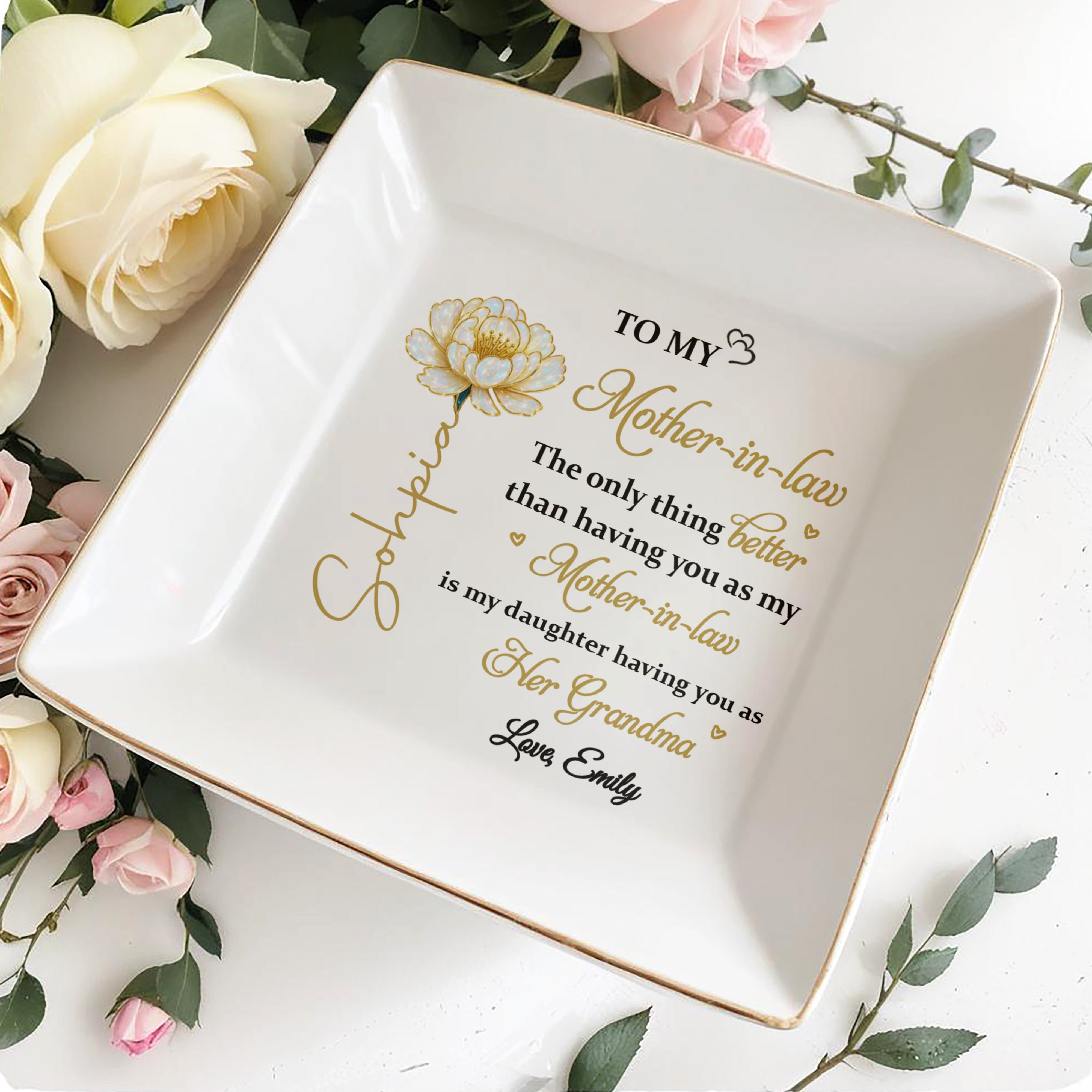 To My Mother In Law Only Thing Better Birth Month Flower - Personalized Custom Jewelry Dish, Square Ceramic Dish - MOLA016_SCRD
