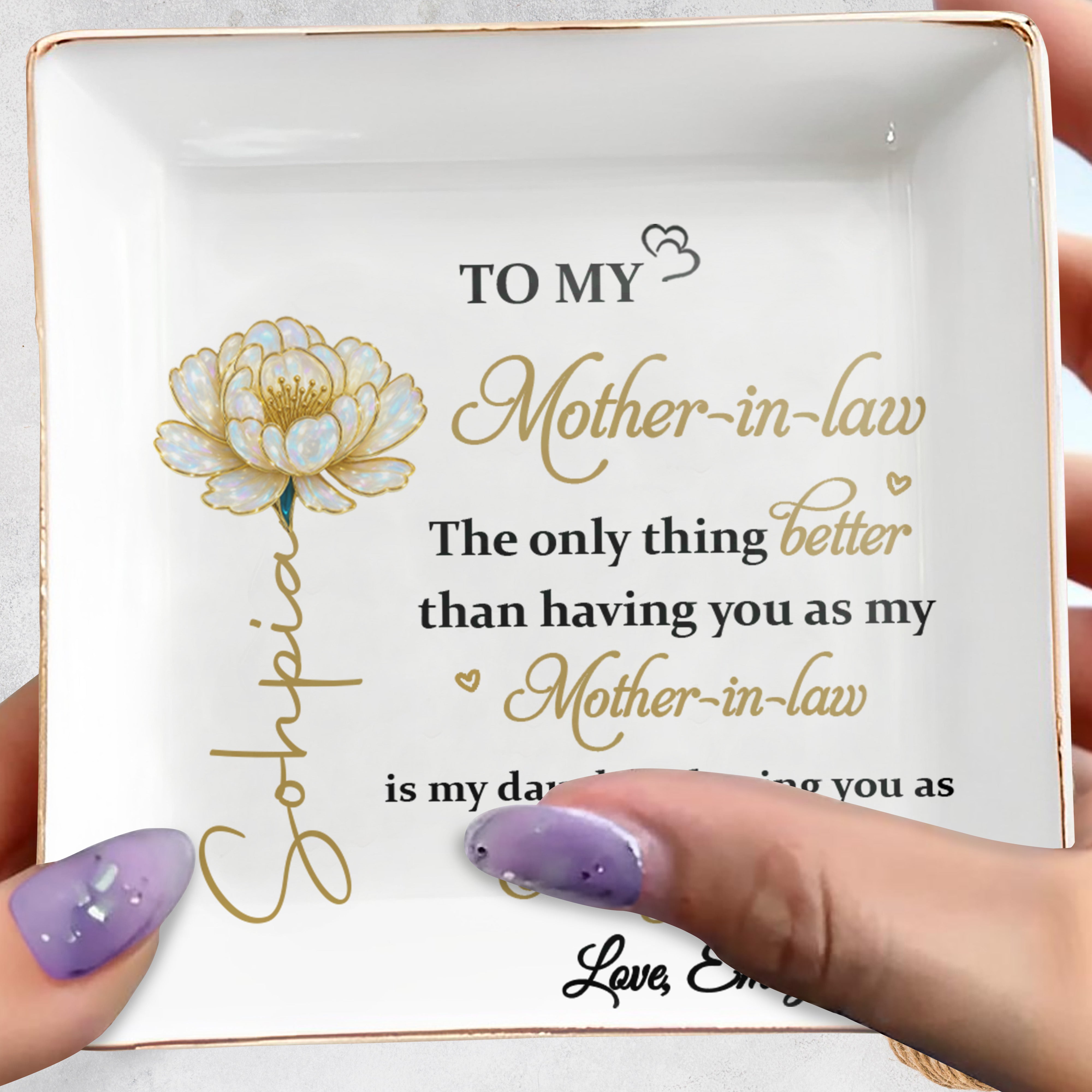 To My Mother In Law Only Thing Better Birth Month Flower - Personalized Custom Jewelry Dish, Square Ceramic Dish - MOLA016_SCRD