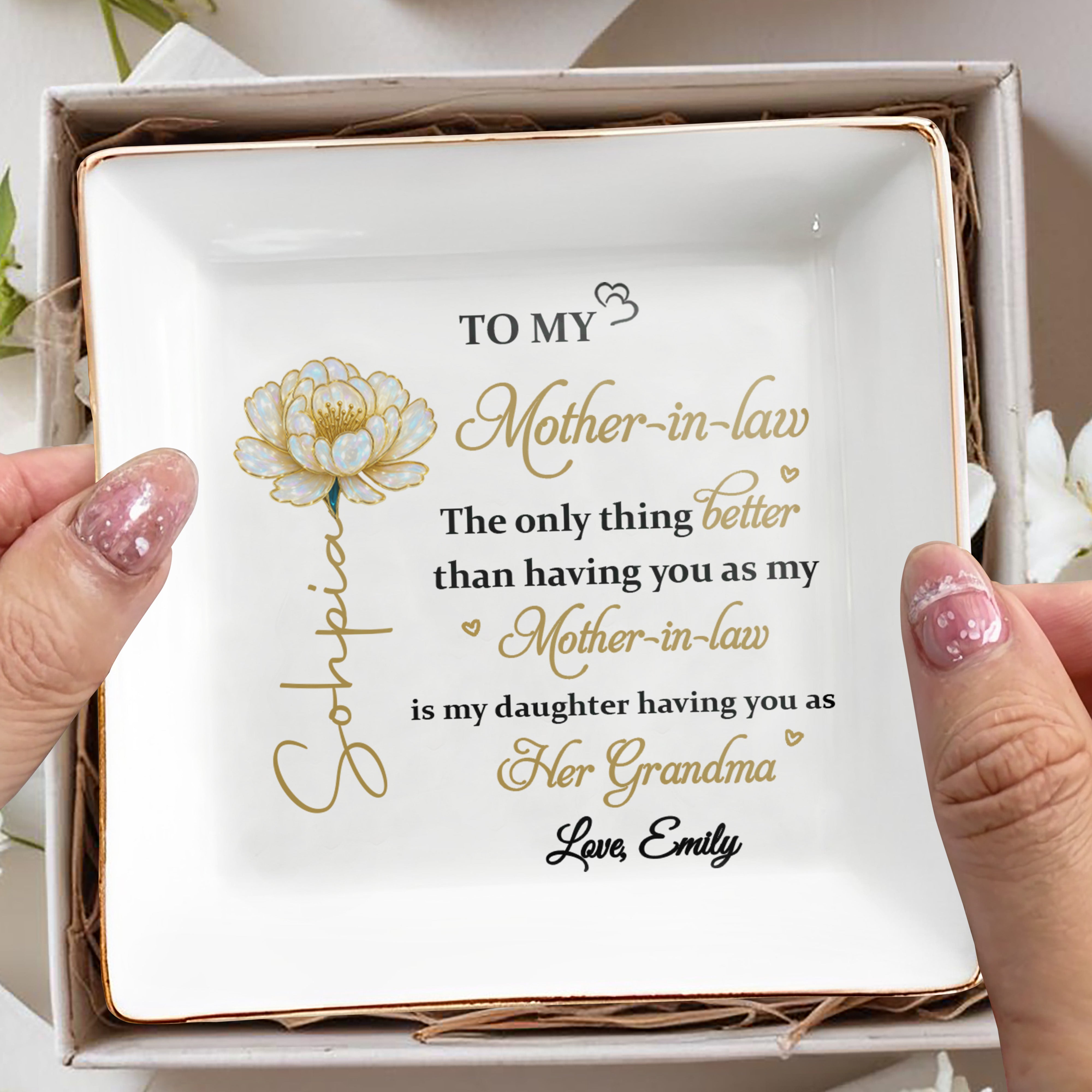 To My Mother In Law Only Thing Better Birth Month Flower - Personalized Custom Jewelry Dish, Square Ceramic Dish - MOLA016_SCRD