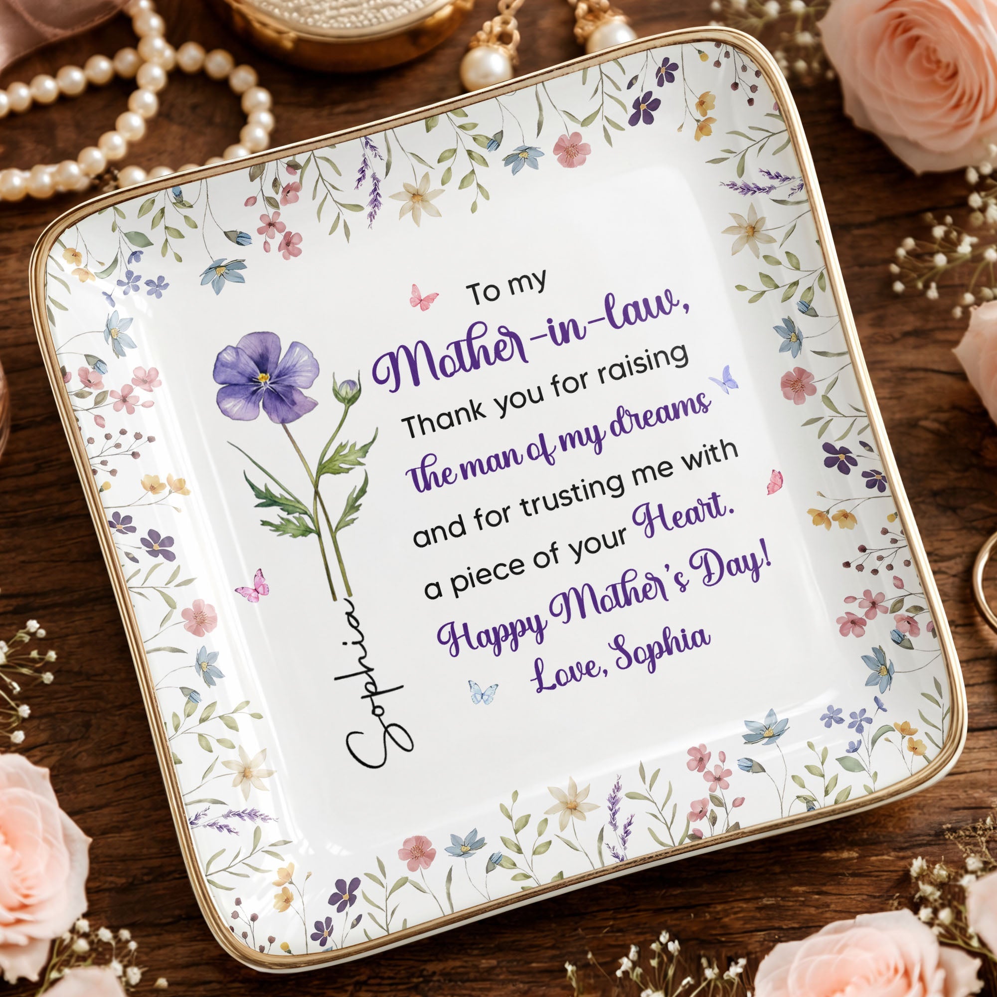 To My Mother In Law Thank You Birth Month Flowers Ceramic Dish - Personalized Custom Jewelry Dish, Ceramic Dish, Square Shape - MOLA017_SCRF