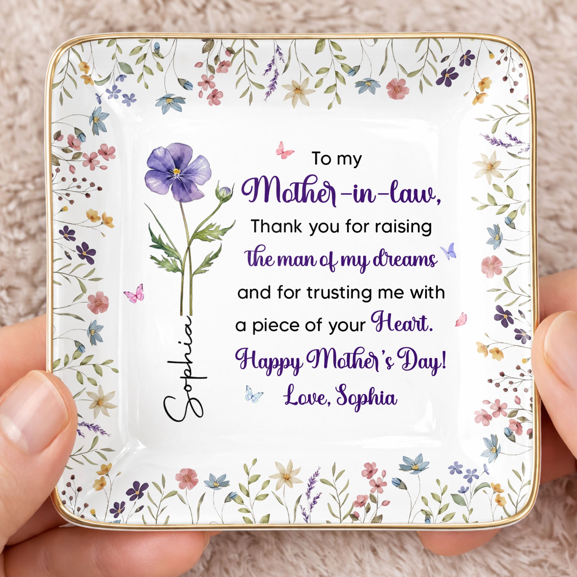 To My Mother In Law Thank You Birth Month Flowers Ceramic Dish - Personalized Custom Jewelry Dish, Ceramic Dish, Square Shape - MOLA017_SCRF