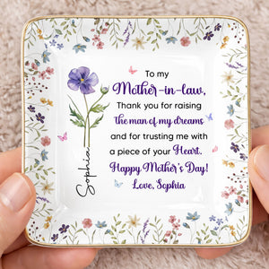 To My Mother In Law Thank You Birth Month Flowers Ceramic Dish - Personalized Custom Jewelry Dish, Ceramic Dish, Square Shape - MOLA017_SCRF