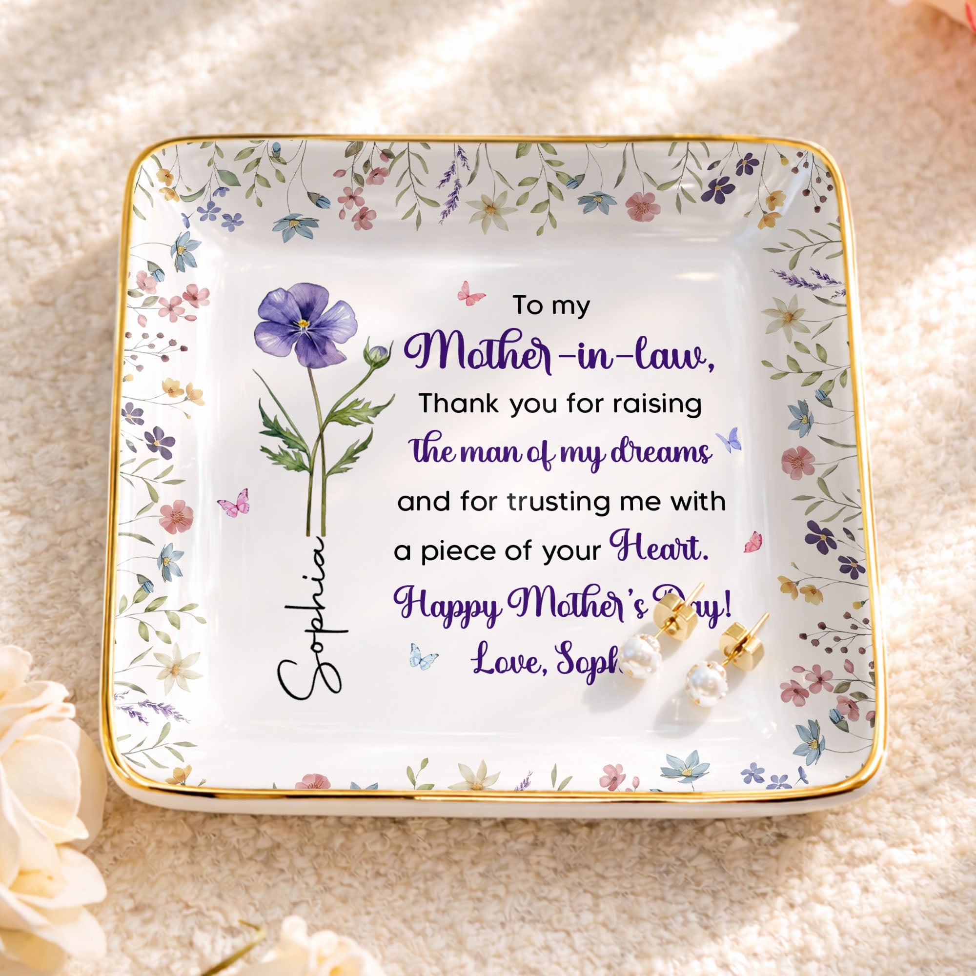 To My Mother In Law Thank You Birth Month Flowers Ceramic Dish - Personalized Custom Jewelry Dish, Ceramic Dish, Square Shape - MOLA017_SCRF