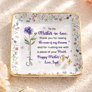 To My Mother In Law Thank You Birth Month Flowers Ceramic Dish - Personalized Custom Jewelry Dish, Ceramic Dish, Square Shape - MOLA017_SCRF