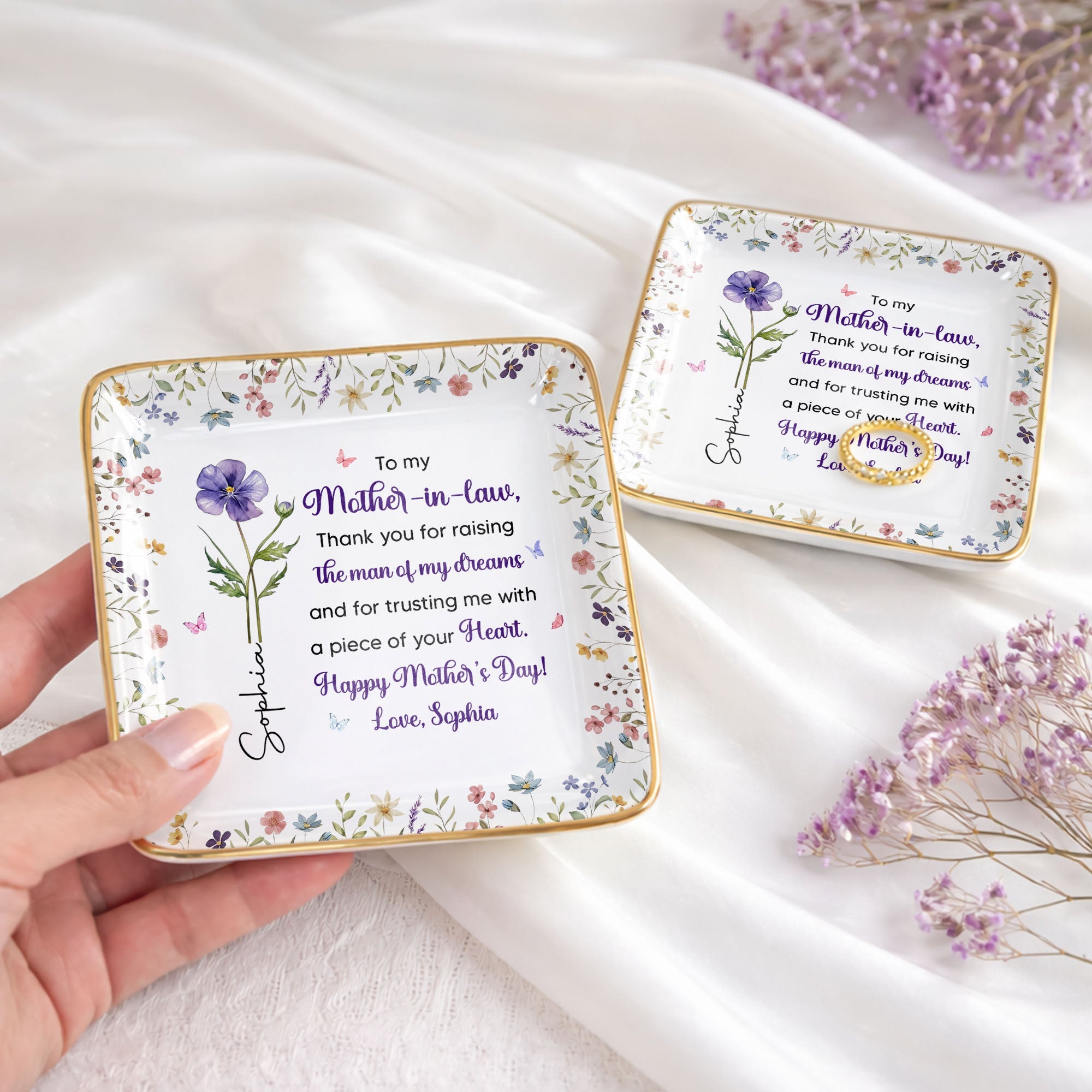 To My Mother In Law Thank You Birth Month Flowers Ceramic Dish - Personalized Custom Jewelry Dish, Ceramic Dish, Square Shape - MOLA017_SCRF