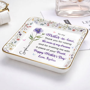 To My Mother In Law Thank You Birth Month Flowers Ceramic Dish - Personalized Custom Jewelry Dish, Ceramic Dish, Square Shape - MOLA017_SCRF