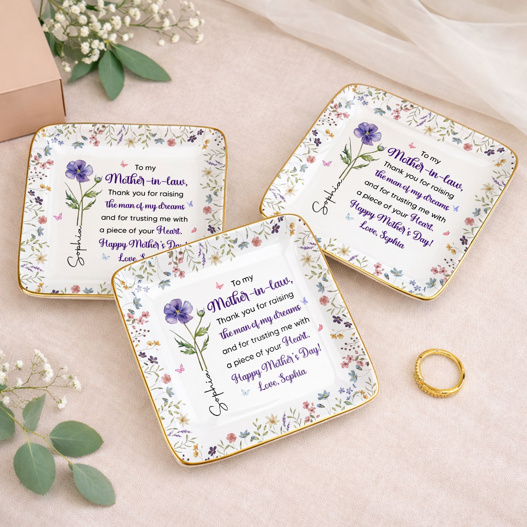 To My Mother In Law Thank You Birth Month Flowers Ceramic Dish - Personalized Custom Jewelry Dish, Ceramic Dish, Square Shape - MOLA017_SCRF