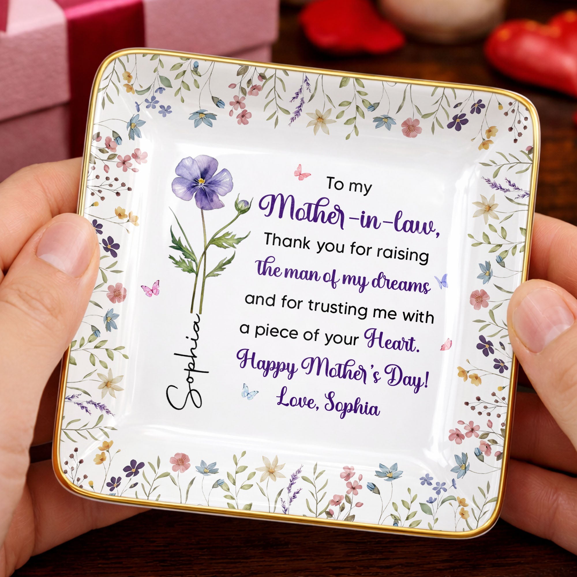 To My Mother In Law Thank You Birth Month Flowers Ceramic Dish - Personalized Custom Jewelry Dish, Ceramic Dish, Square Shape - MOLA017_SCRF
