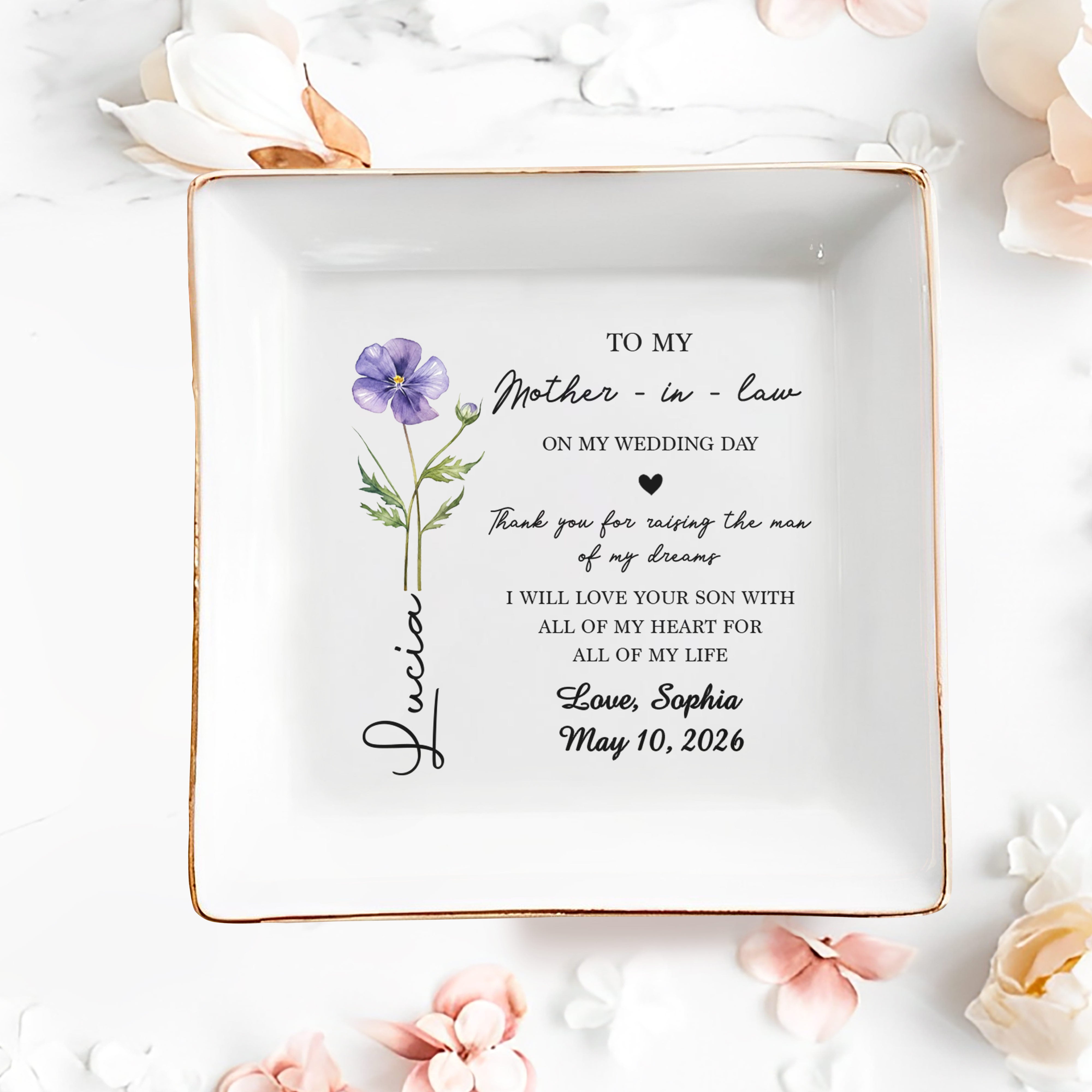 To My Mother In Law On My Wedding Day Flower Heart - Personalized Custom Jewelry Dish, Square Ceramic Dish - MOLA018_SCRD