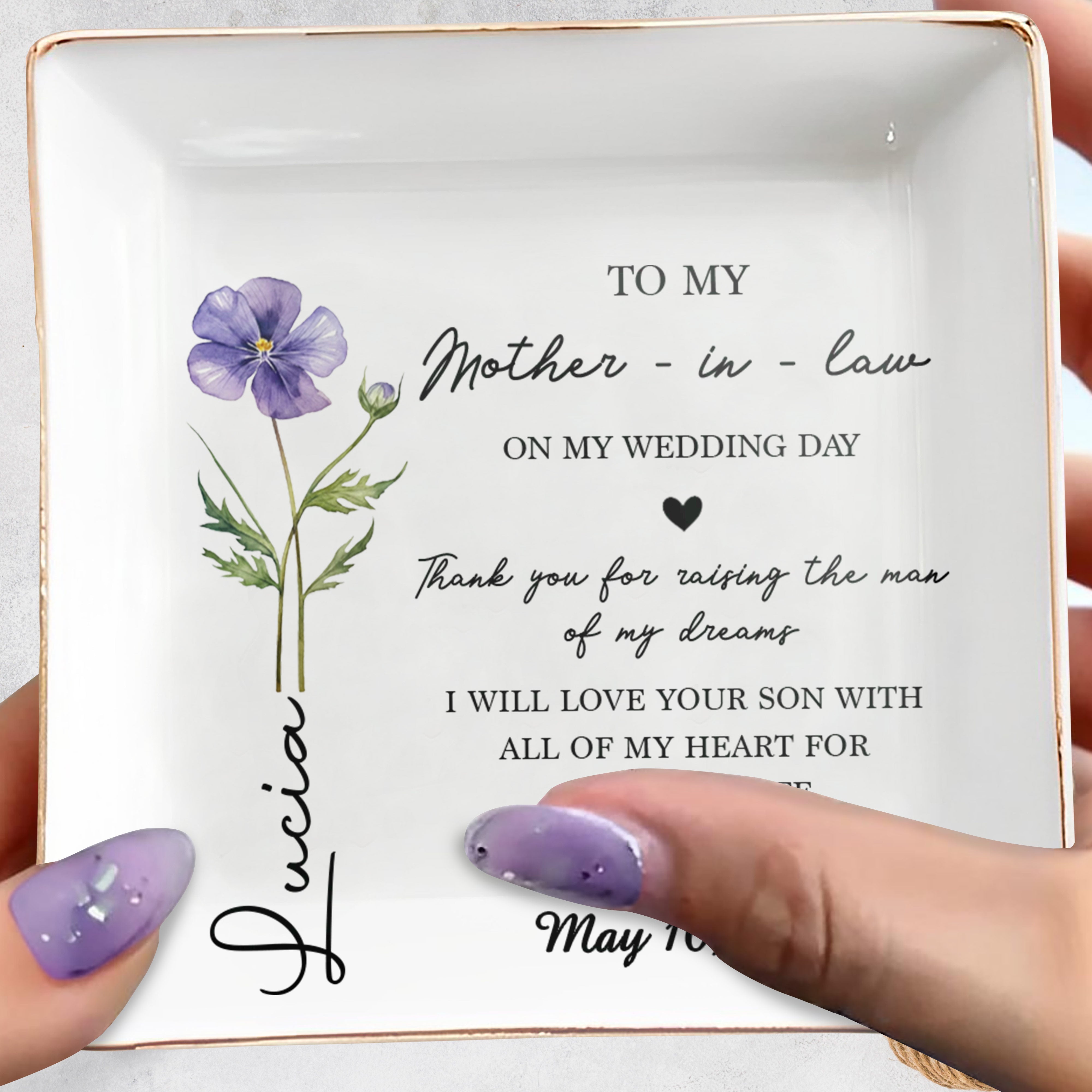To My Mother In Law On My Wedding Day Flower Heart - Personalized Custom Jewelry Dish, Square Ceramic Dish - MOLA018_SCRD