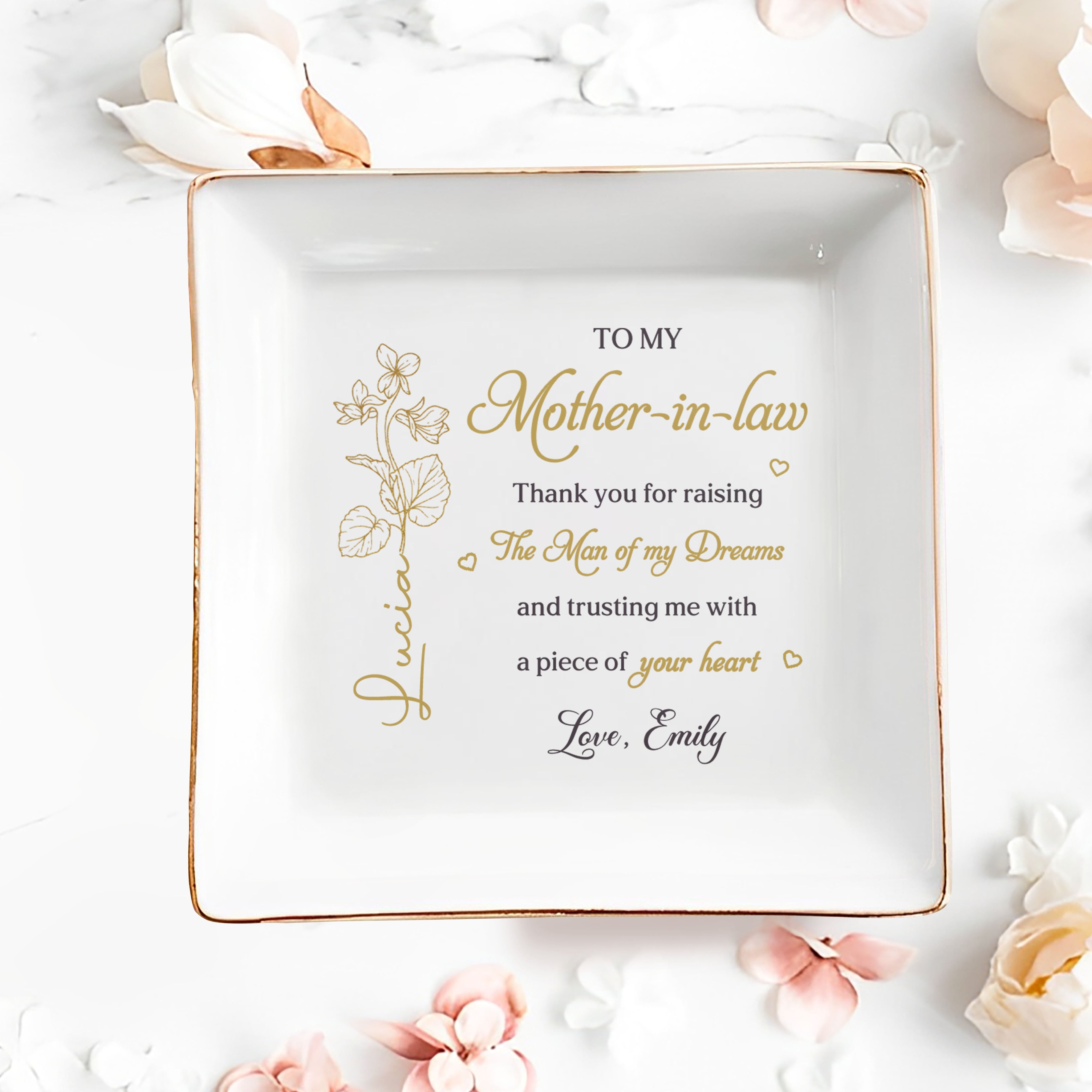 To My Mother In Law Thank You Birth Month Flower - Personalized Custom Jewelry Dish, Square Ceramic Dish - MOLA019_SCRD