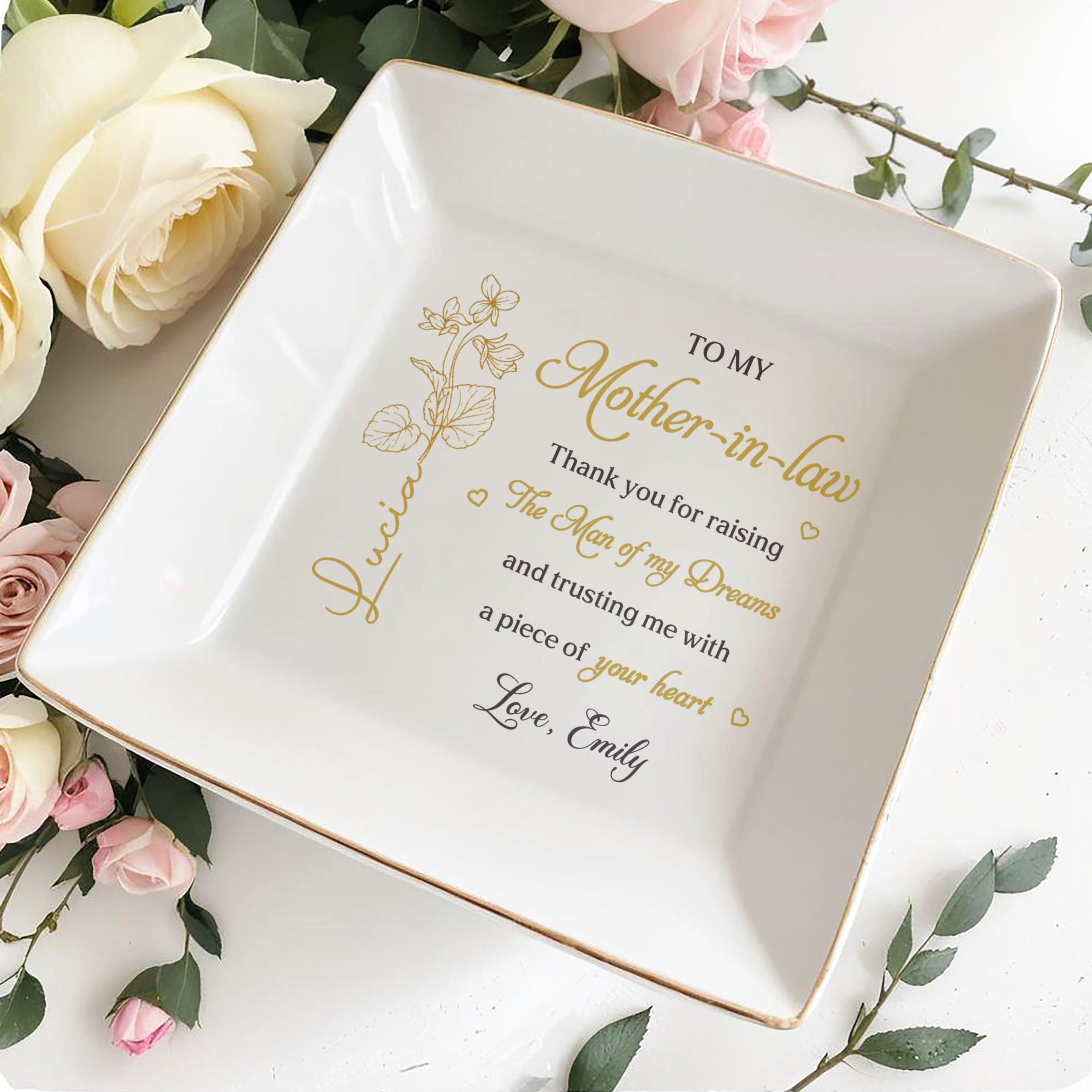 To My Mother In Law Thank You Birth Month Flower - Personalized Custom Jewelry Dish, Square Ceramic Dish - MOLA019_SCRD
