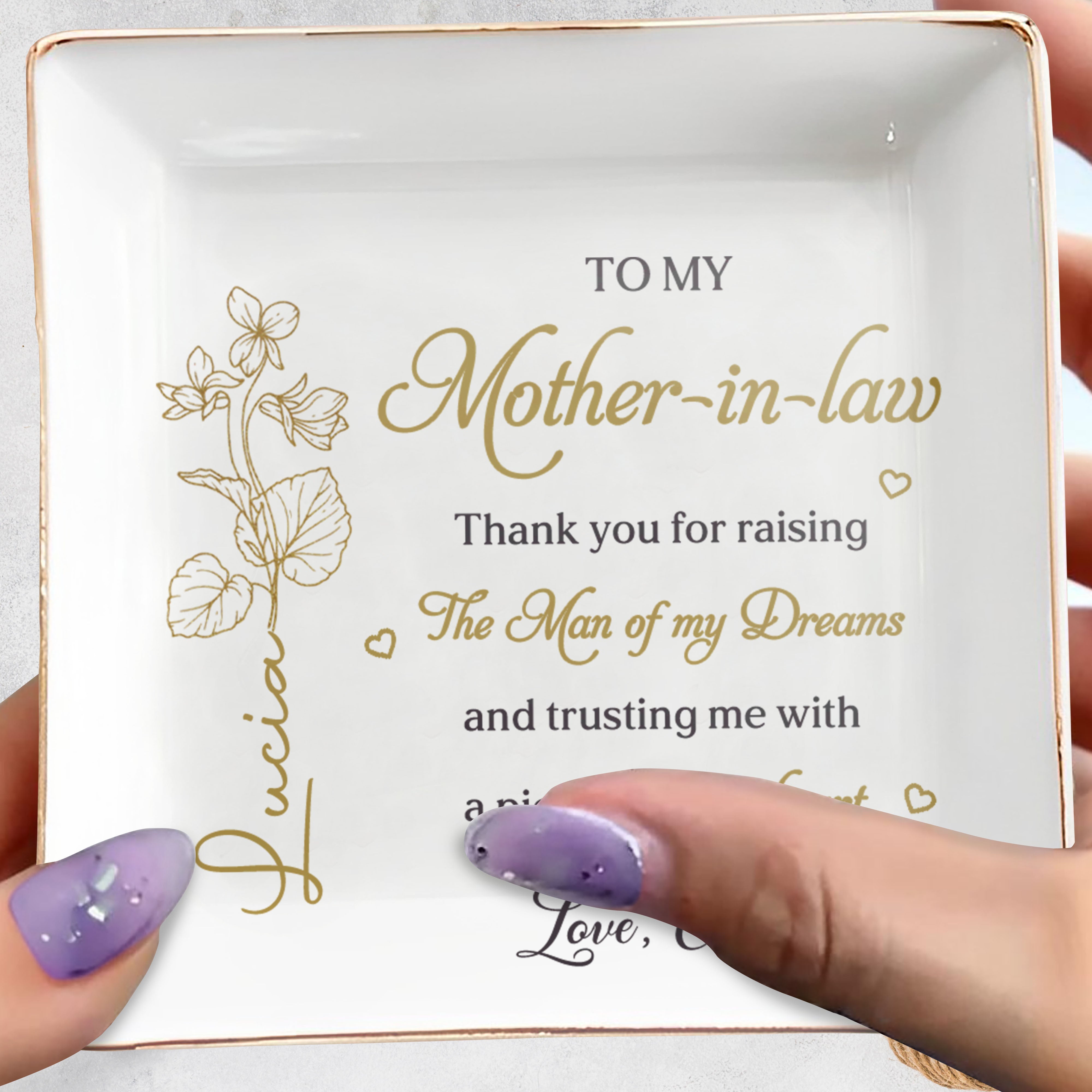 To My Mother In Law Thank You Birth Month Flower - Personalized Custom Jewelry Dish, Square Ceramic Dish - MOLA019_SCRD