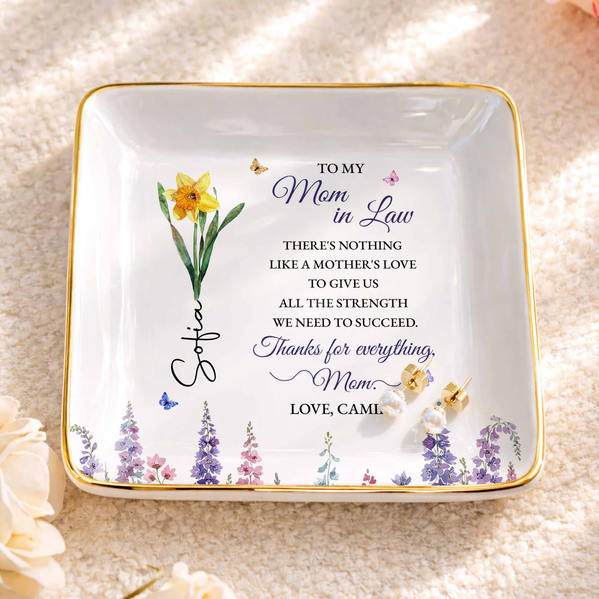 To My Mom In Law There's Nothing Like A Mother's Love Flower Butterfly - Personalized Custom Jewelry Dish, Ceramic Dish, Square Shape - MOLA026_SCRF