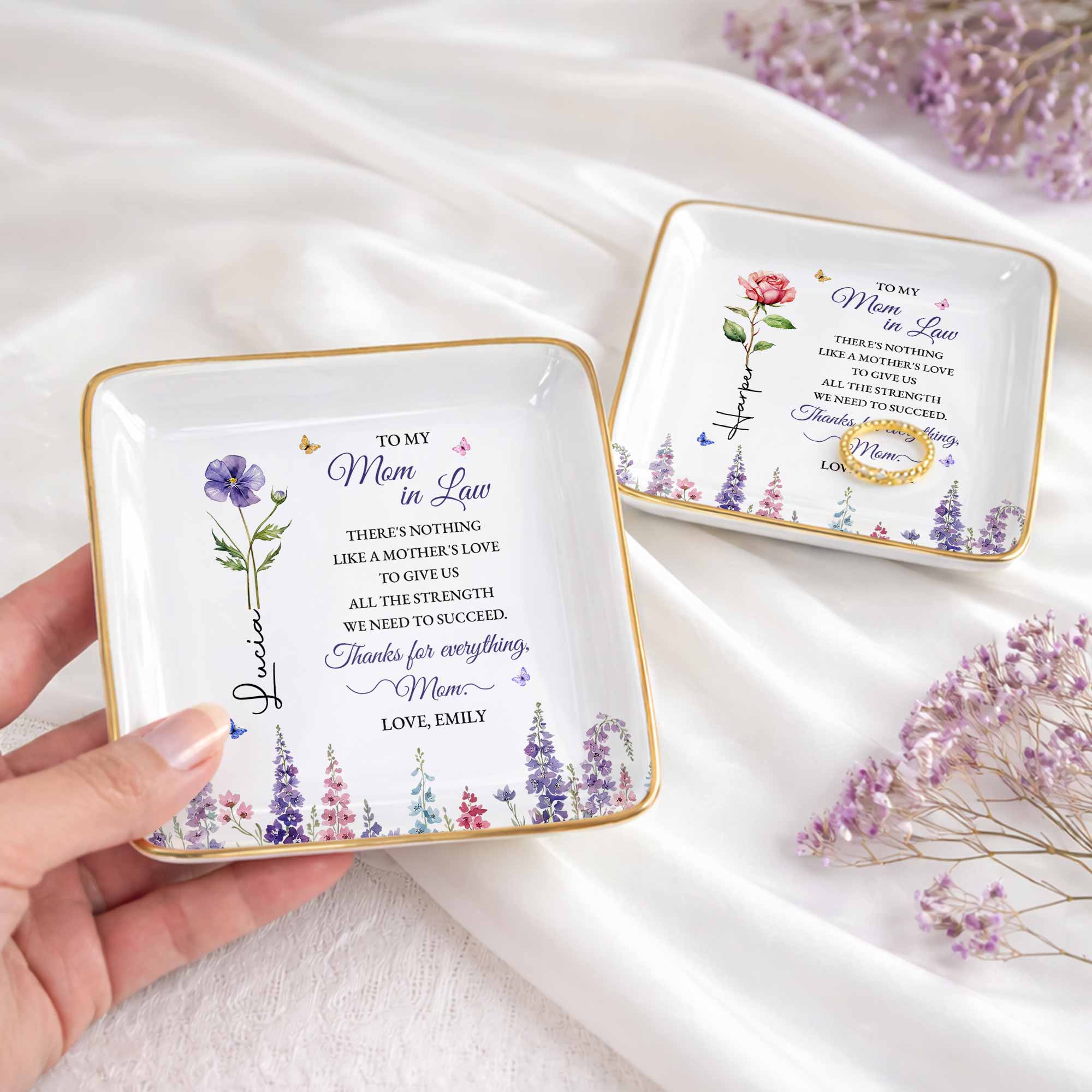 To My Mom In Law There's Nothing Like A Mother's Love Flower Butterfly - Personalized Custom Jewelry Dish, Ceramic Dish, Square Shape - MOLA026_SCRF