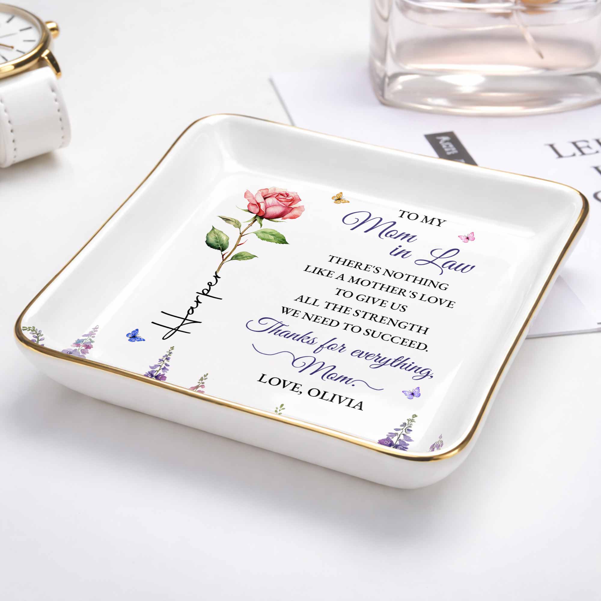 To My Mom In Law There's Nothing Like A Mother's Love Flower Butterfly - Personalized Custom Jewelry Dish, Ceramic Dish, Square Shape - MOLA026_SCRF