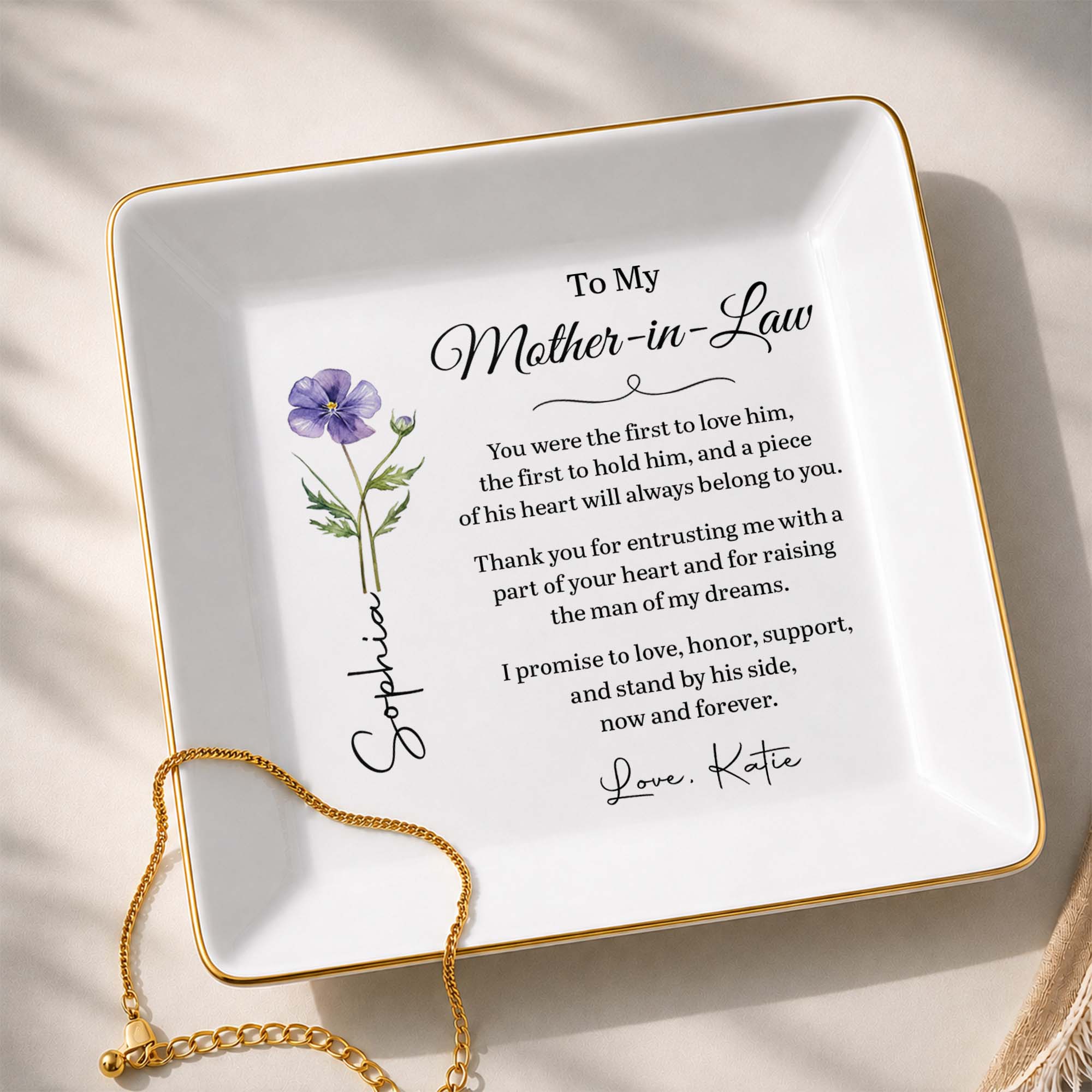 To My Mother In Law Raising The Man Of My Dreams Flower - Personalized Custom Jewelry Dish, Square Ceramic Dish - MOLA027_SCRD
