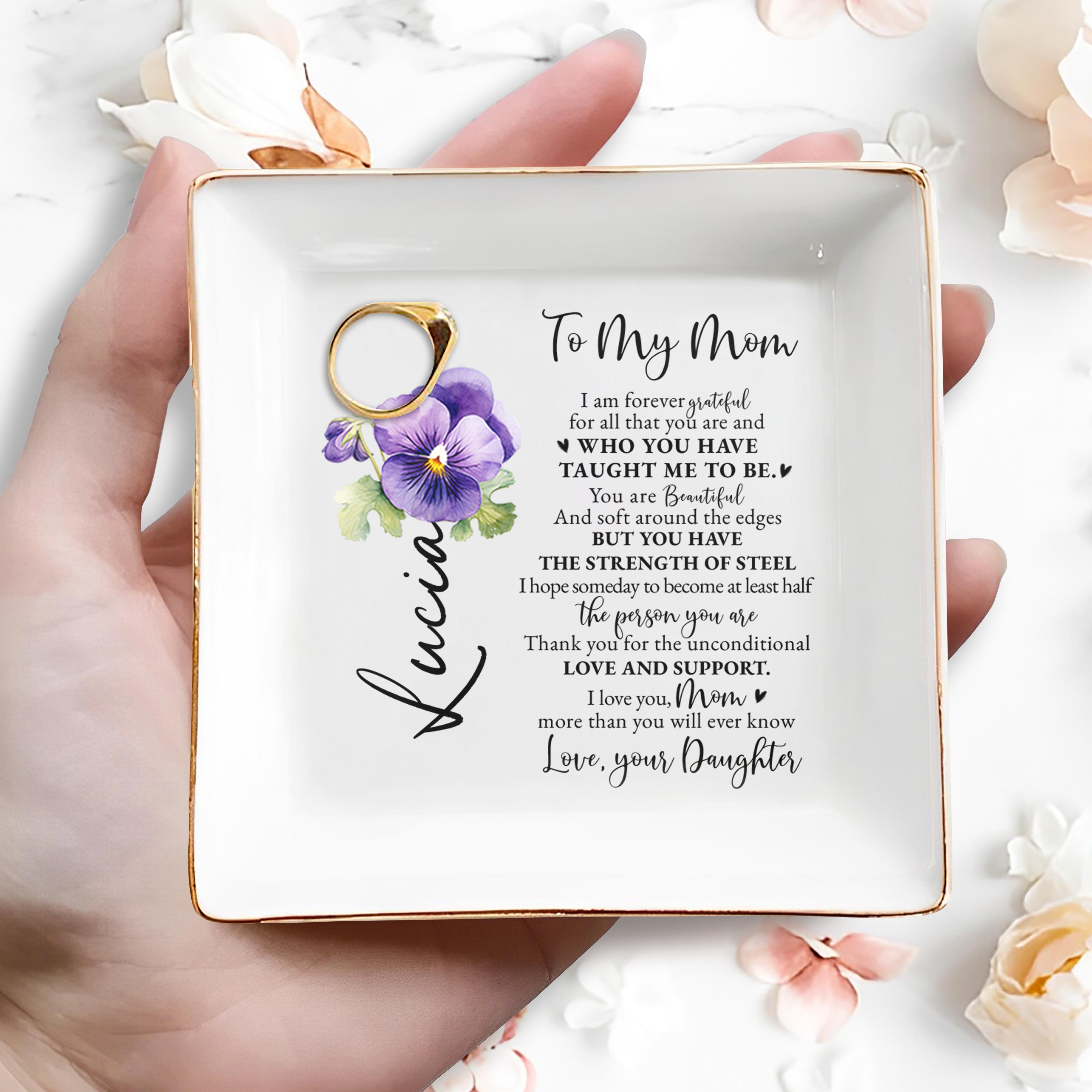 Beautiful Tribute To Mom With Violets And Heartfelt Message - Personalized Custom Jewelry Dish - MOM016_SCRD