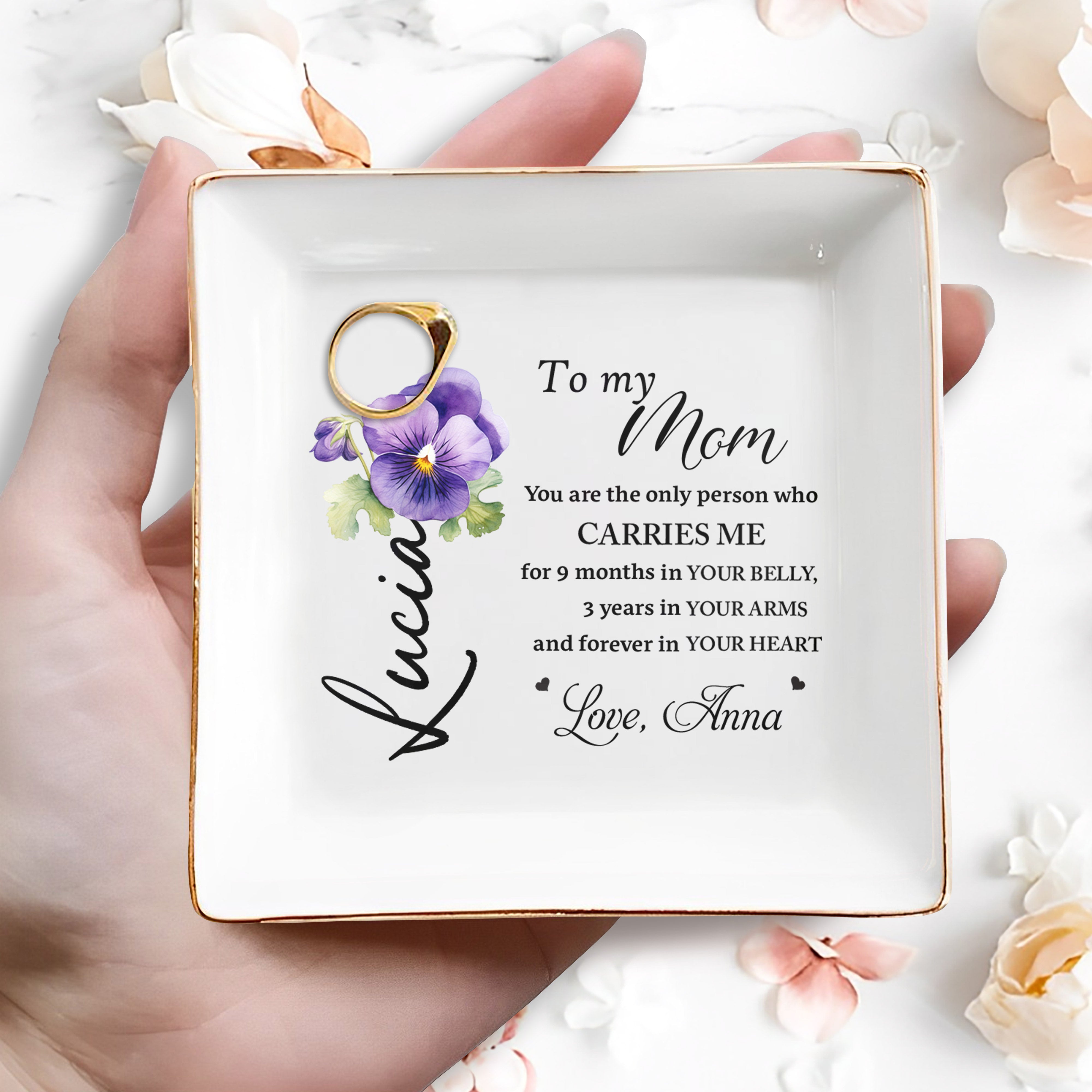 To My Mom Forever In Your Heart Pansy Flower Dish - Personalized Custom Jewelry Dish - MOM019_SCRD