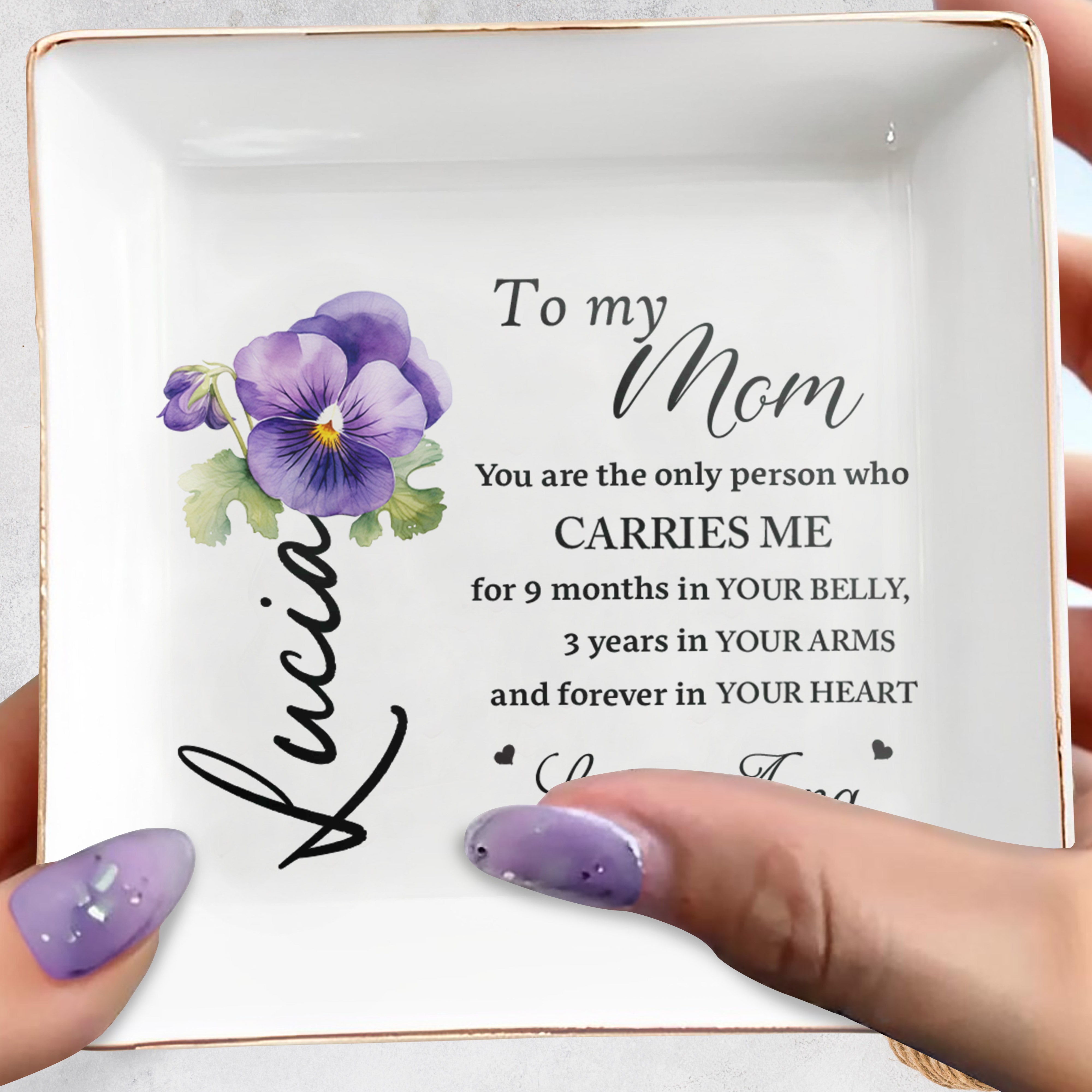 To My Mom Forever In Your Heart Pansy Flower Dish - Personalized Custom Jewelry Dish - MOM019_SCRD