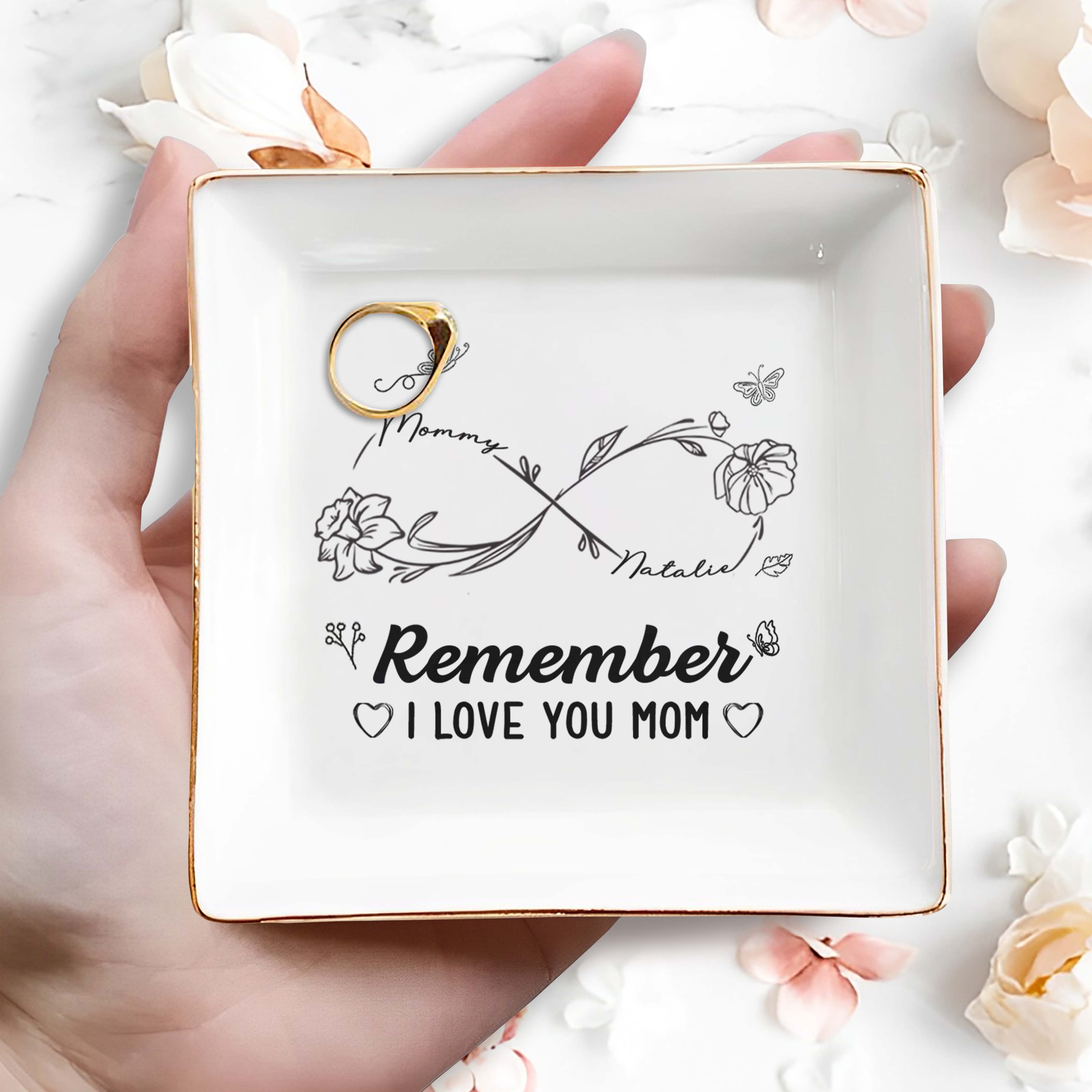 Remember I Love You Mom Floral and Butterfly Design - Personalized Custom Jewelry Dish, Square Ceramic Dish - MOM034_SCRD