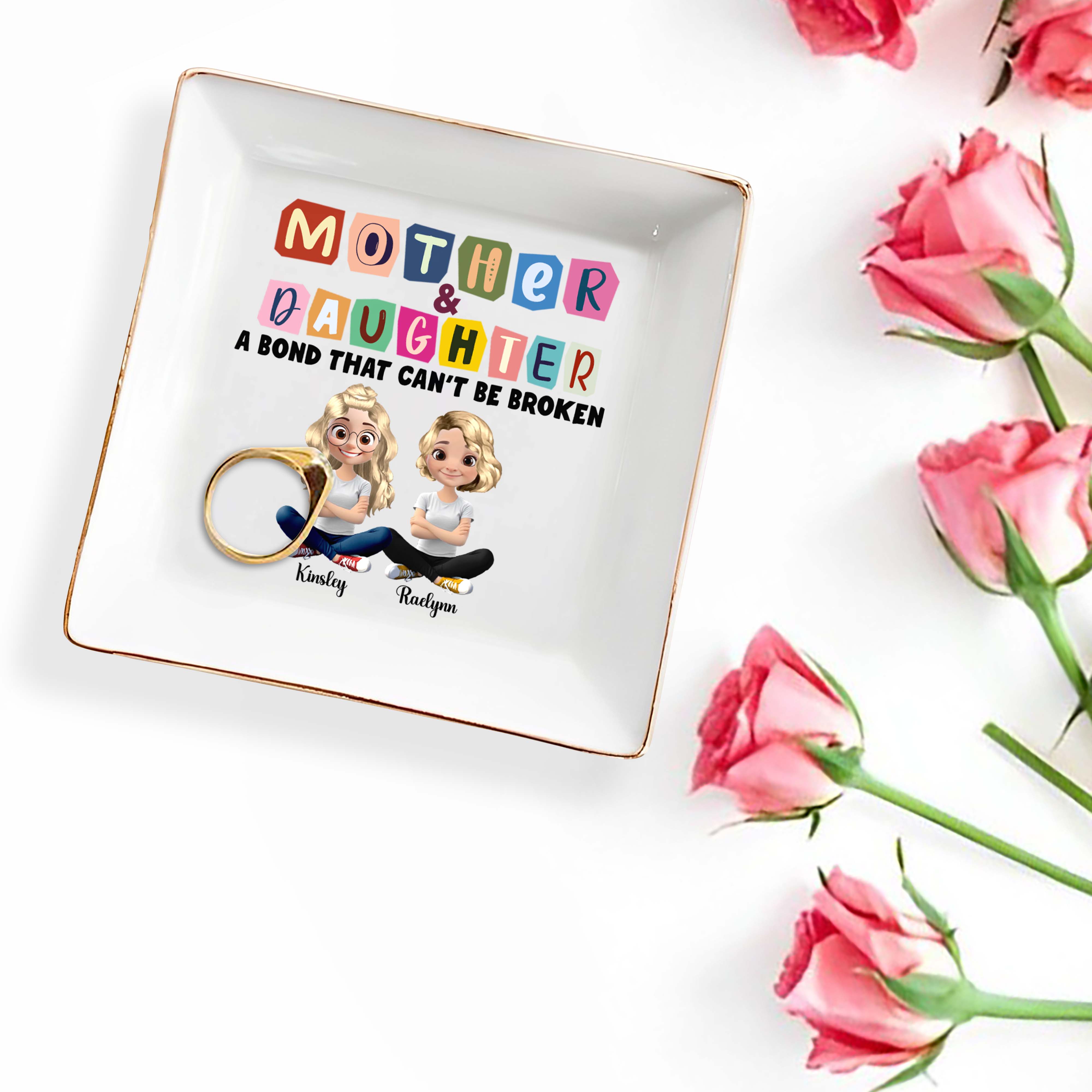 Mother & Daughter, A Bond That Can't Be Broken, Cartoon Characters - Personalized Custom Jewelry Dish, Square Ceramic Dish - MOM037_SCRD