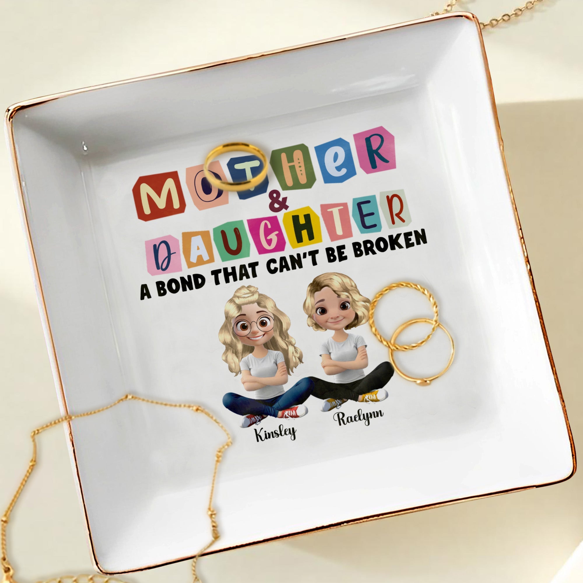 Mother & Daughter A Bond That Can't Be Broken, Cartoon Characters - Personalized Custom Jewelry Dish, Ceramic Dish, Square Shape - MOM037_SCRF