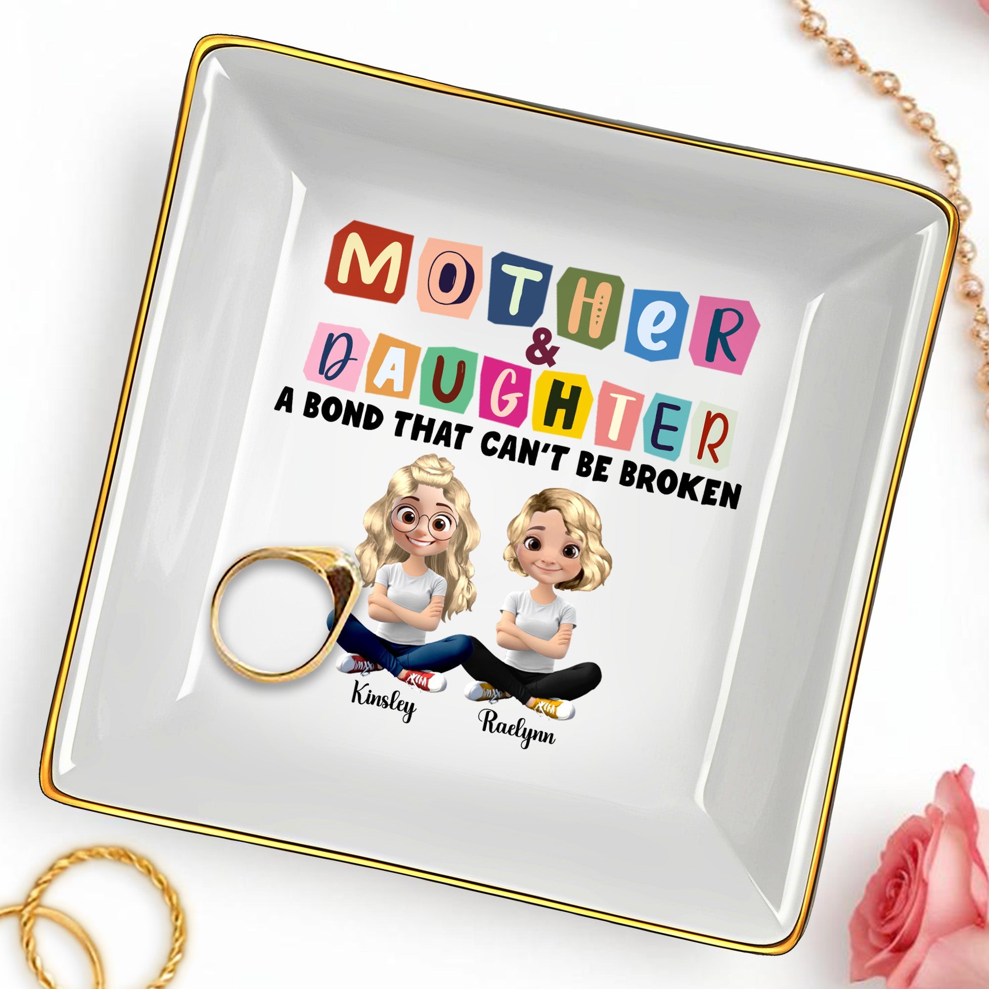 Mother & Daughter A Bond That Can't Be Broken, Cartoon Characters - Personalized Custom Jewelry Dish, Ceramic Dish, Square Shape - MOM037_SCRF