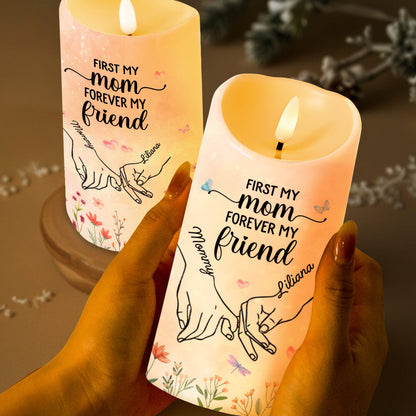 First My Mom Forever My Friend With Hands And Flowers - Personalized Custom LED Candle - MOM038_LECA