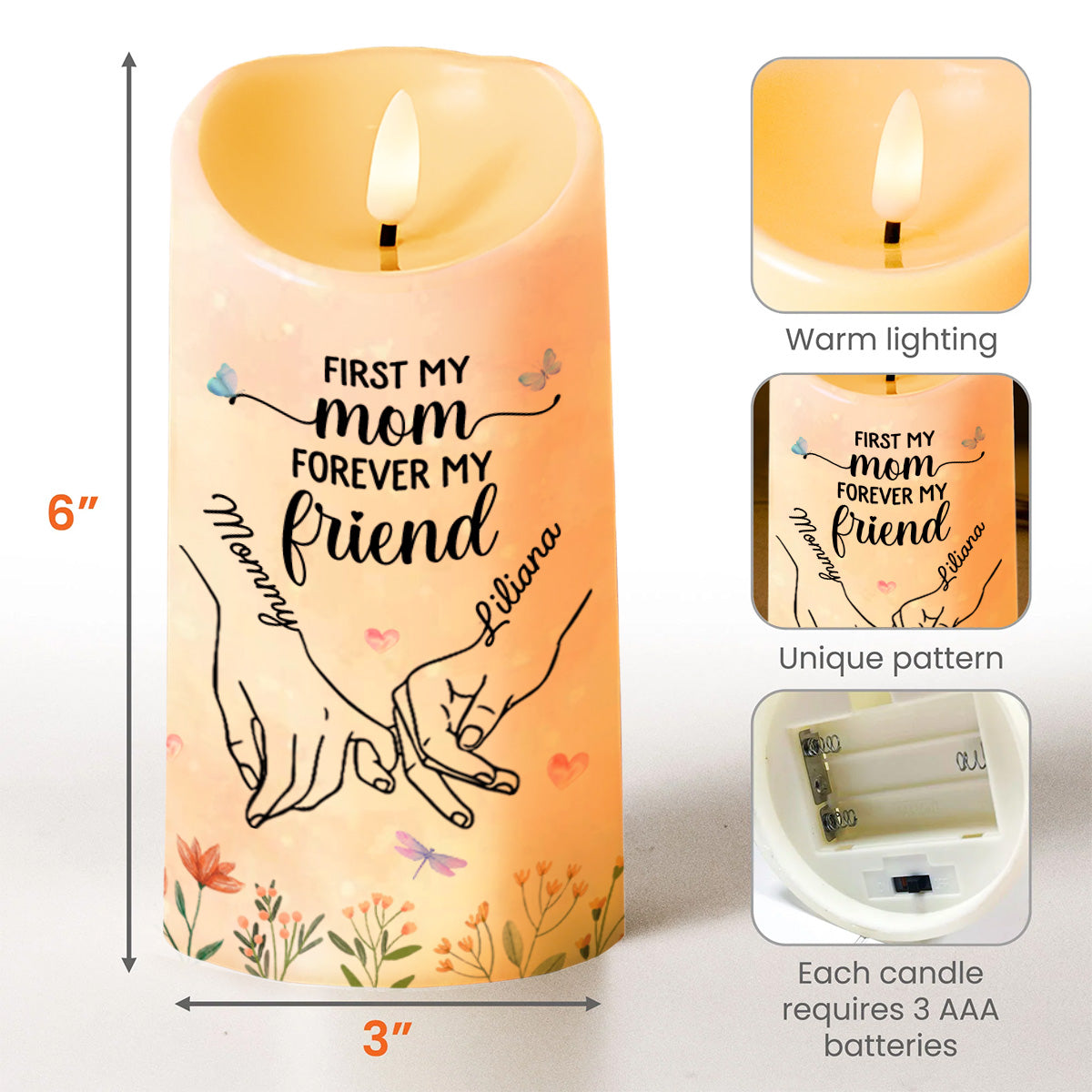 First My Mom Forever My Friend With Hands And Flowers - Personalized Custom LED Candle - MOM038_LECA