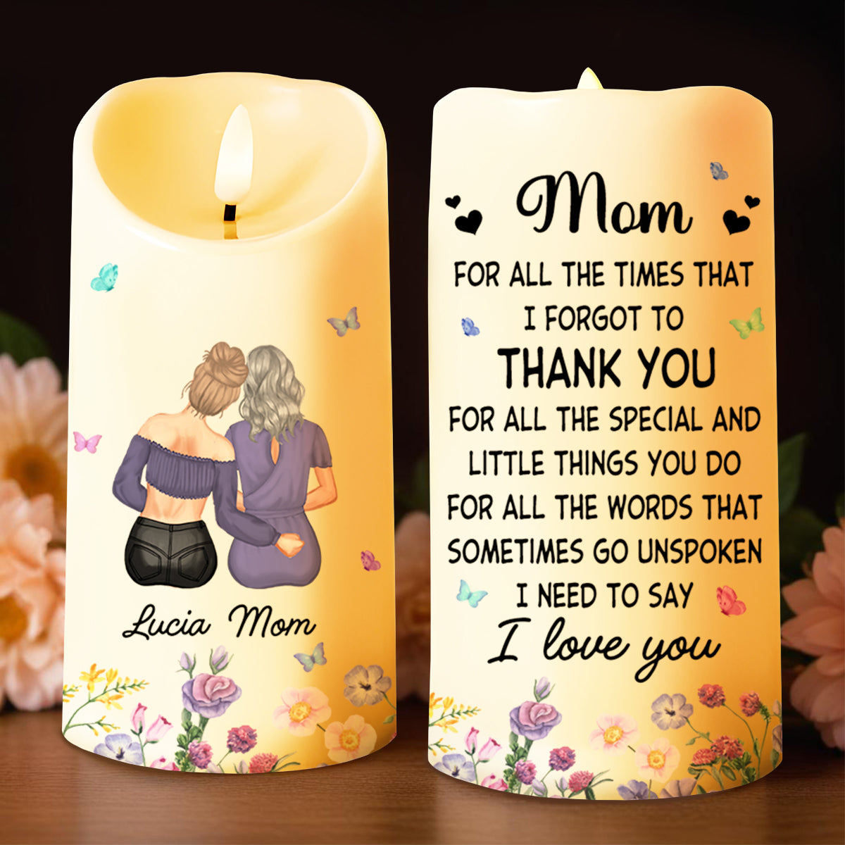 Thank You Mom For Everything Special Quote With Mother And Daughter - Personalized Custom LED Candle - MOM042_LECA